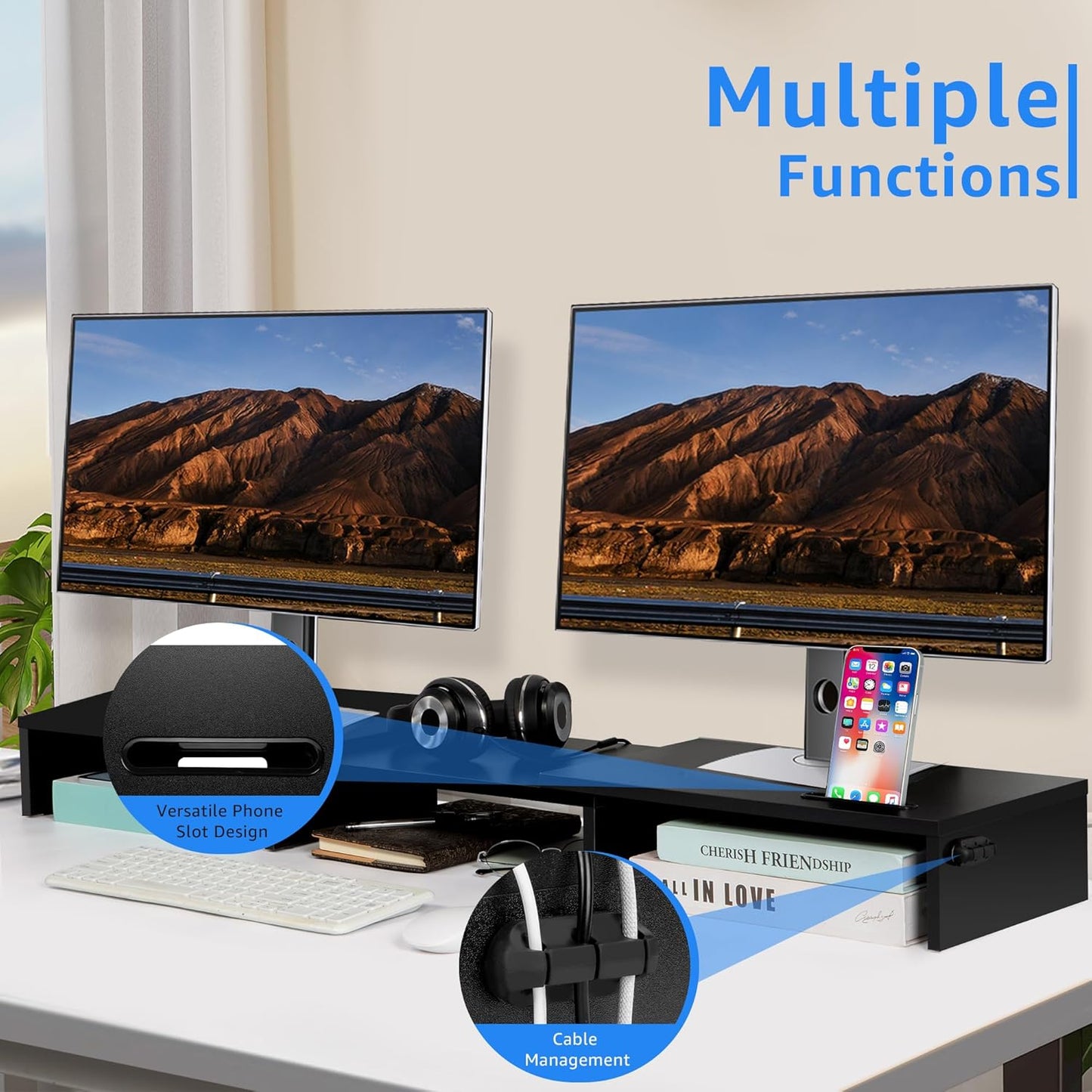 Dual Monitor Stand Riser for 2 Monitors, Monitor Stand for Desk, Adjustable Length & Swivel Angle Wooden Desktop Organizer Stand Riser with Smartphone Holder for PC Monitor Laptop, Black