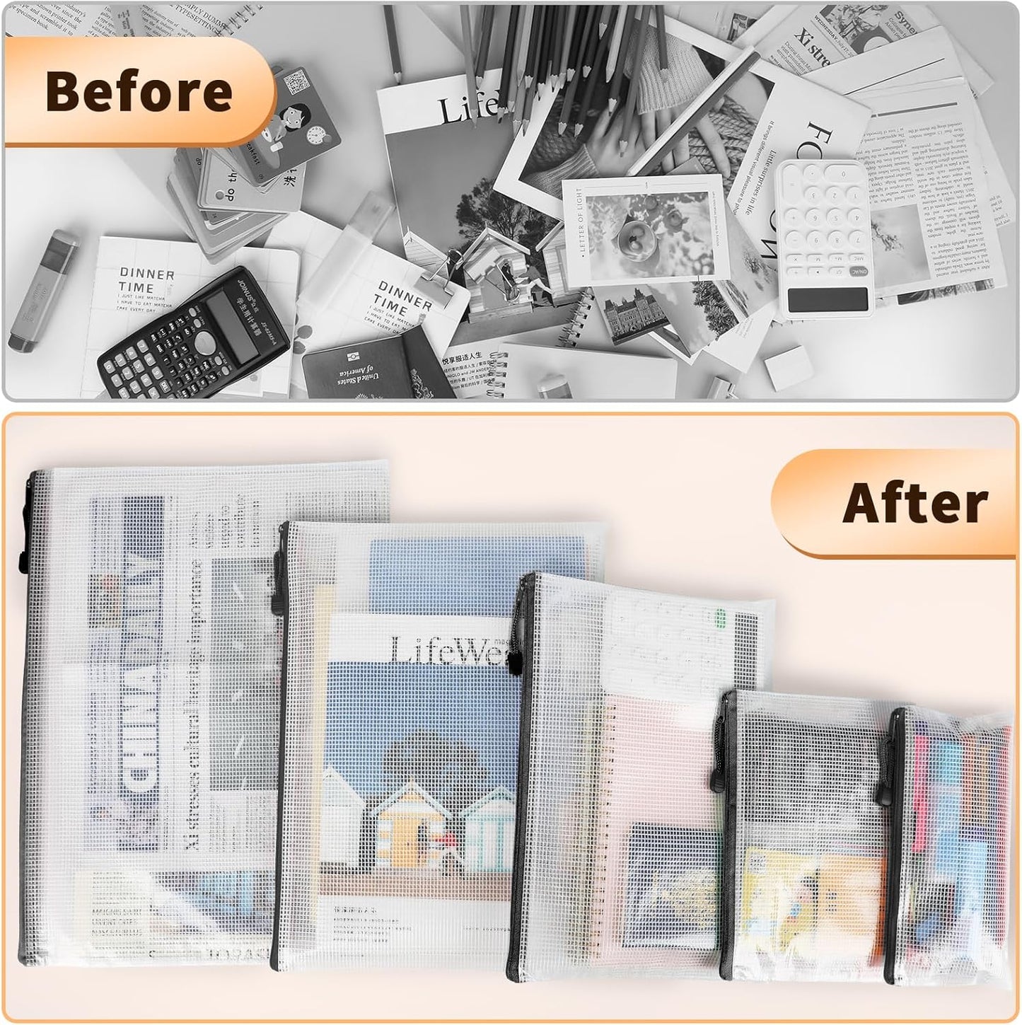 Umriox Zipper Mesh Document Pouch, 9.5x7.1 in (Black, 18 Packs), Clear Zipper Pouches, Waterproof Zipper Pouches for Office Supplies Cosmetics Travel Storage