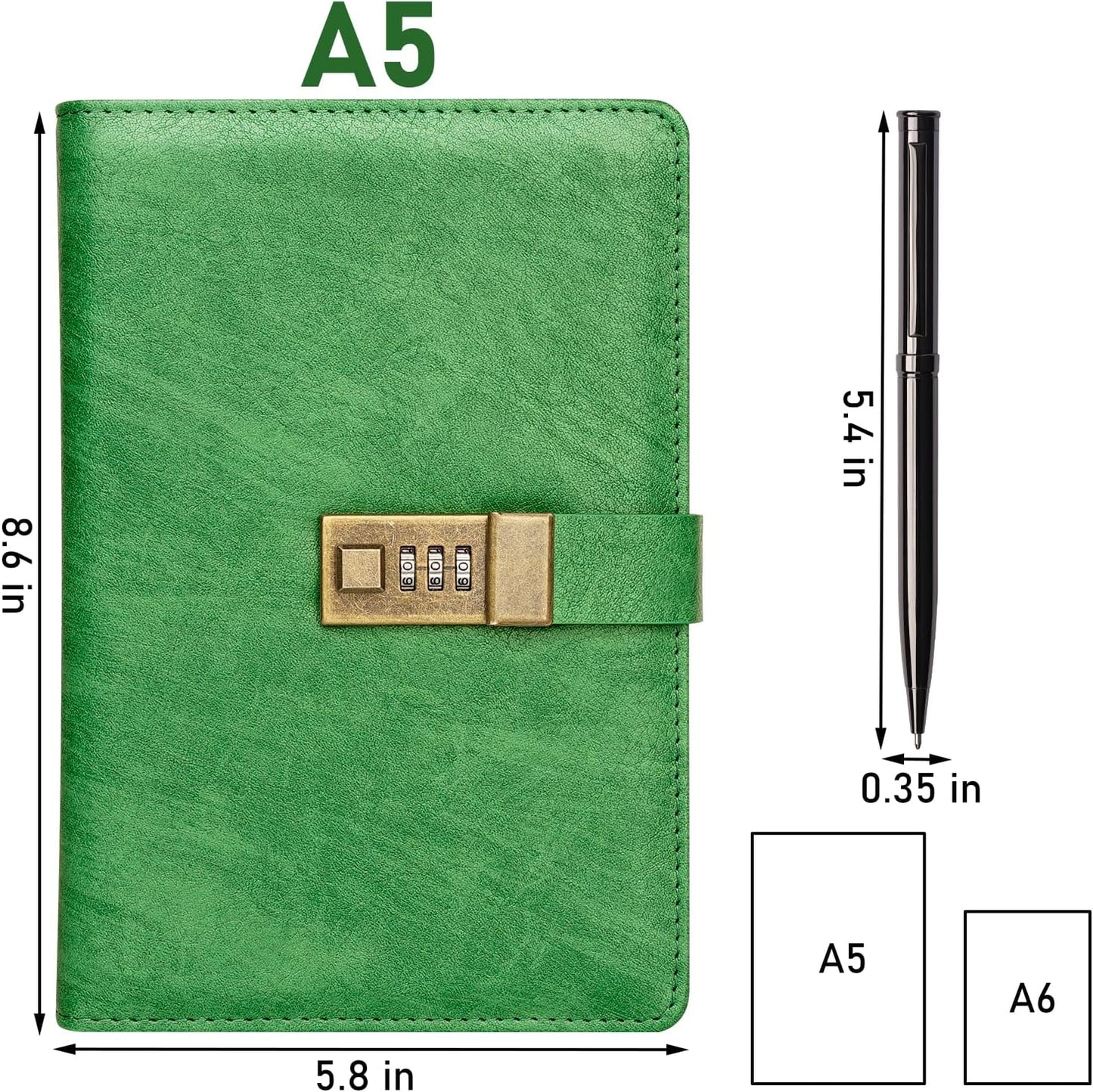 WEMATE Diary with Lock, A5 PU Leather Journal with Lock 240 Pages, Vintage Lock Journal Password Protected Notebook with Pen & Gift Box, Lock Diary Planner Organizer for Men and Women, 8.6x5.8in