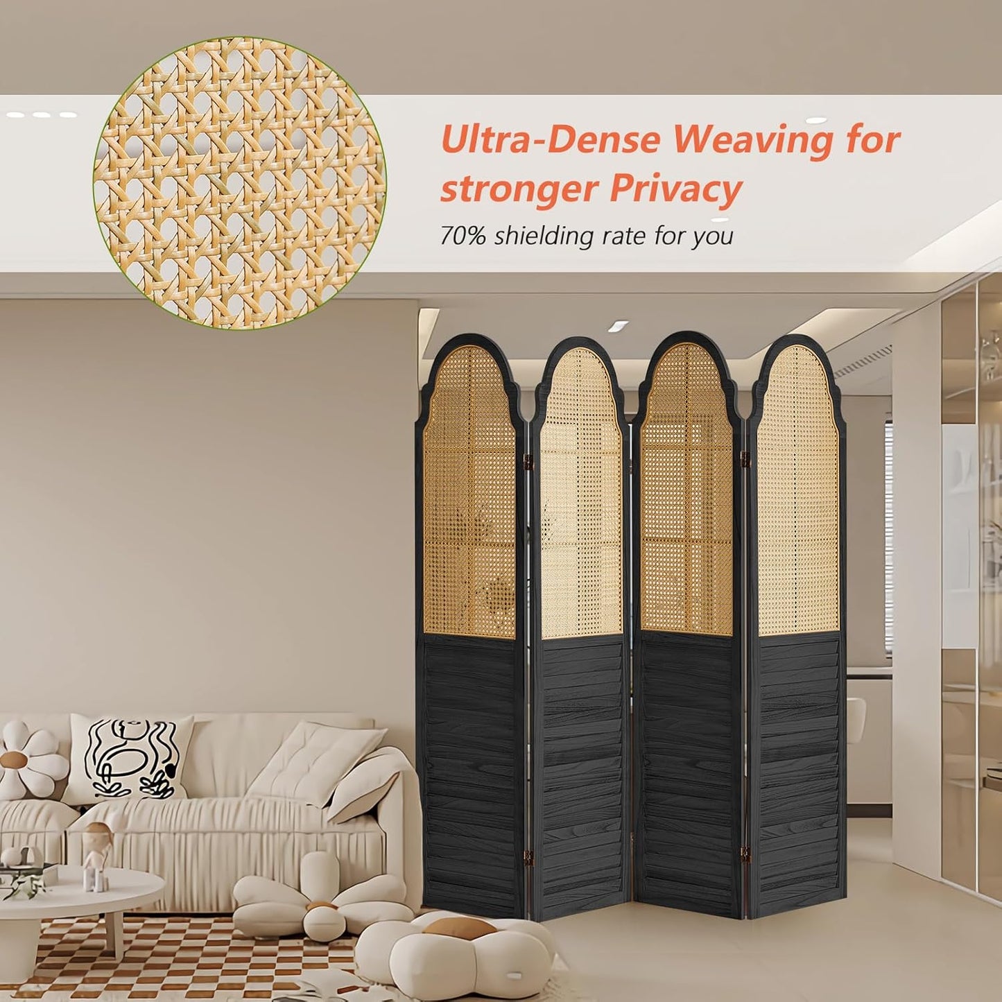 4 Panel Rattan Folding Screen Room Divider, Privacy Dividers for Rooms, Louvered Partition Dividers, Room Divider Panel for Bedroom, Dressing Room, Balcony, Black