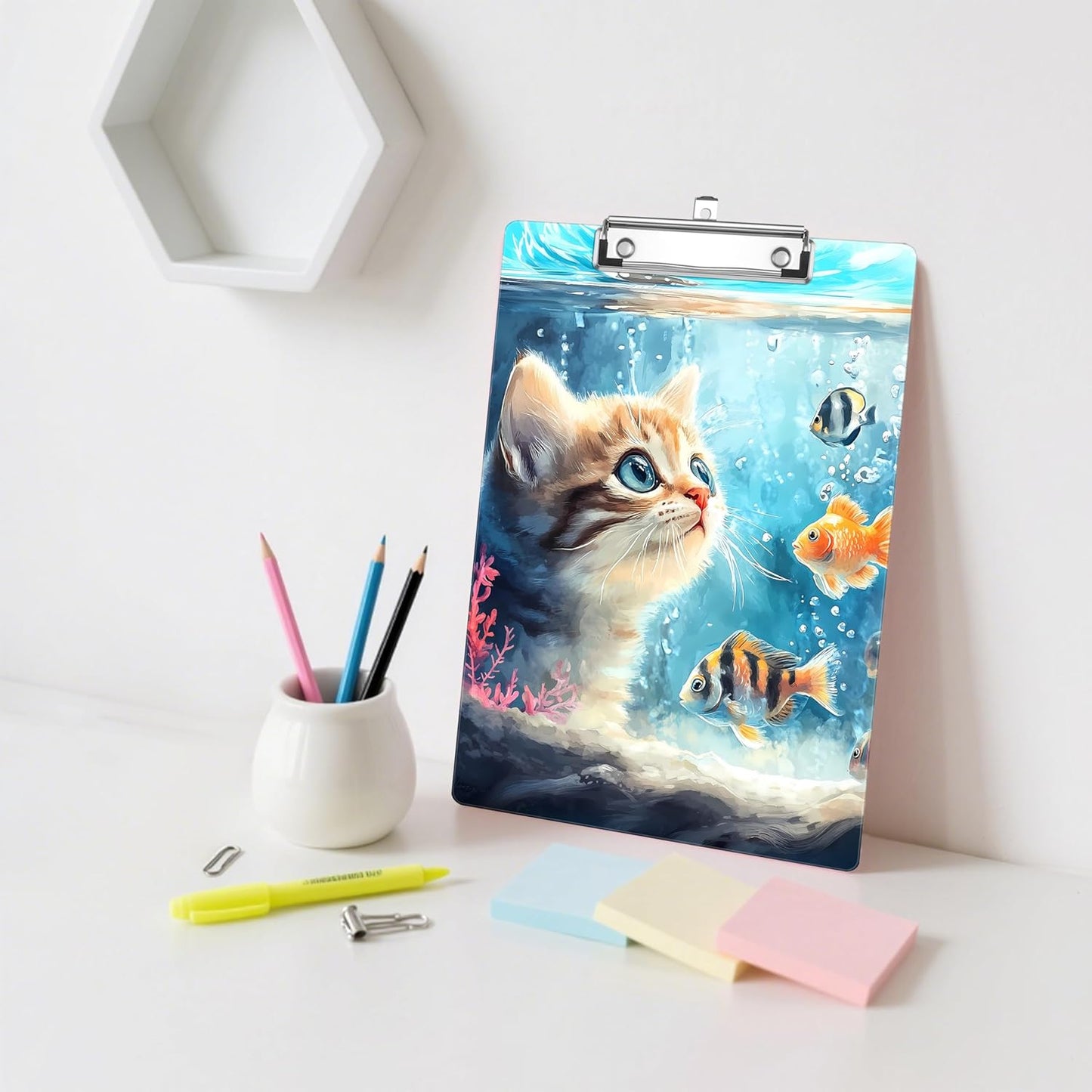 Cat Watching Fish Plastic Clipboards,Decorative Plastic Acrylic Clipboard for Teacher Social Worker Students Office Supplies 8 * 12