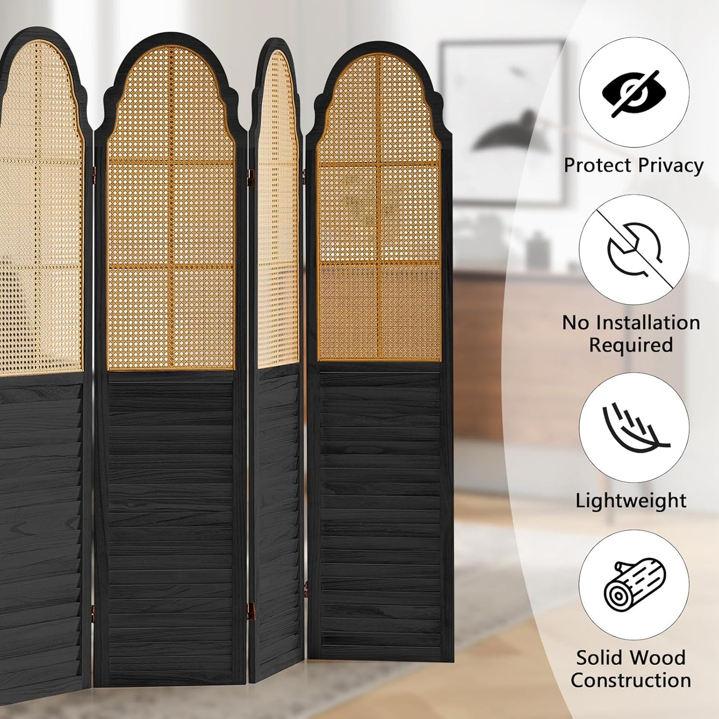 4 Panel Rattan Room Divider Panel, 5.6Ft Partitions and Dividers, Louvered Partition Divider, Room Dividers Screen, Solid Wood Frame, Folding Screen, Bedroom, Family Room, Black