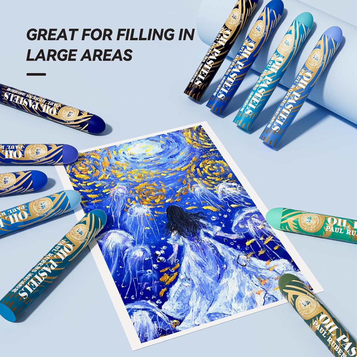 Paul Rubens Large Oil Pastels Set - 12 Ocean Colors (0.79" x 4.72" Jumbo Sticks), Vibrant, Creamy Texture and Blends Easily for Artists, Students and Professionals, Ideal for Filling in Large Areas