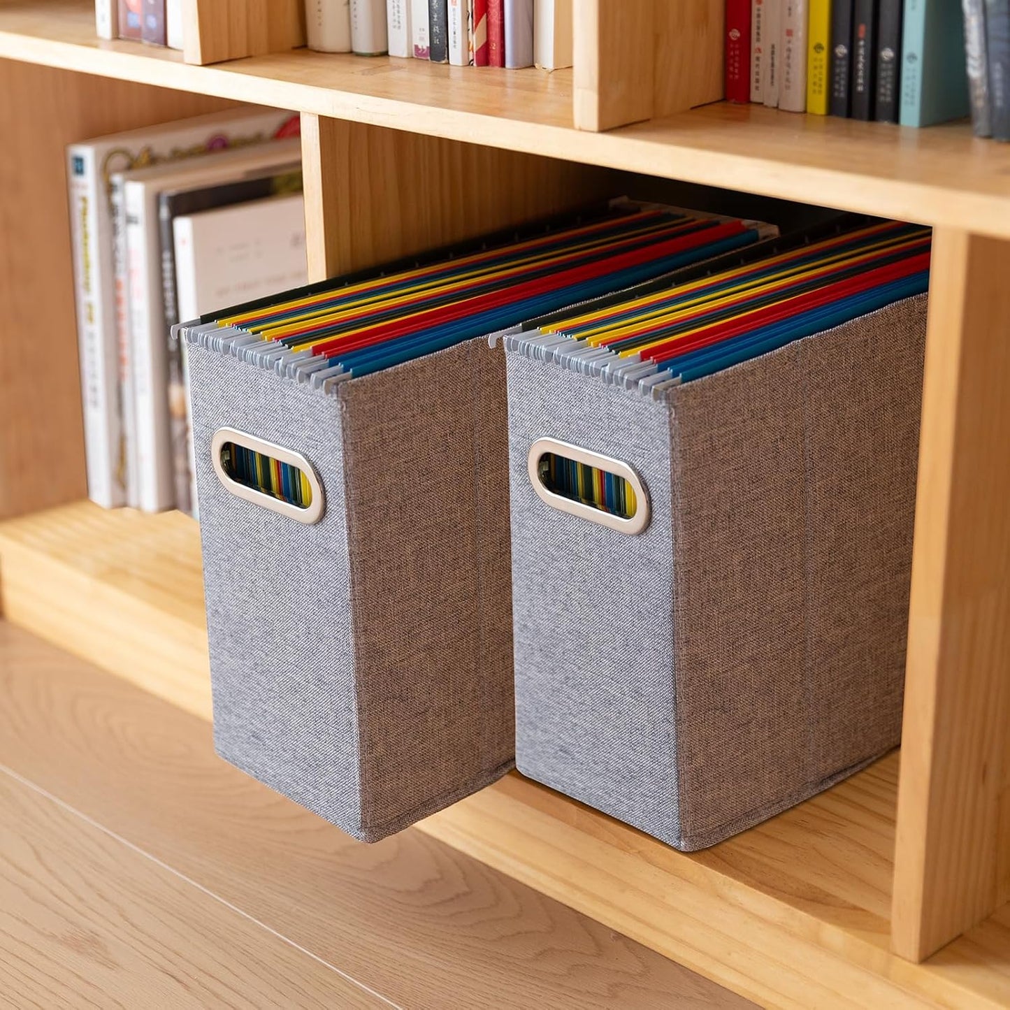 4 Packs Letter Size File Organizer, File Folders Organizer, Fabric Storage Box, Collapsible Paper Organizer with Metal Handle, Smooth PVC Rails, Only Box (Gray)