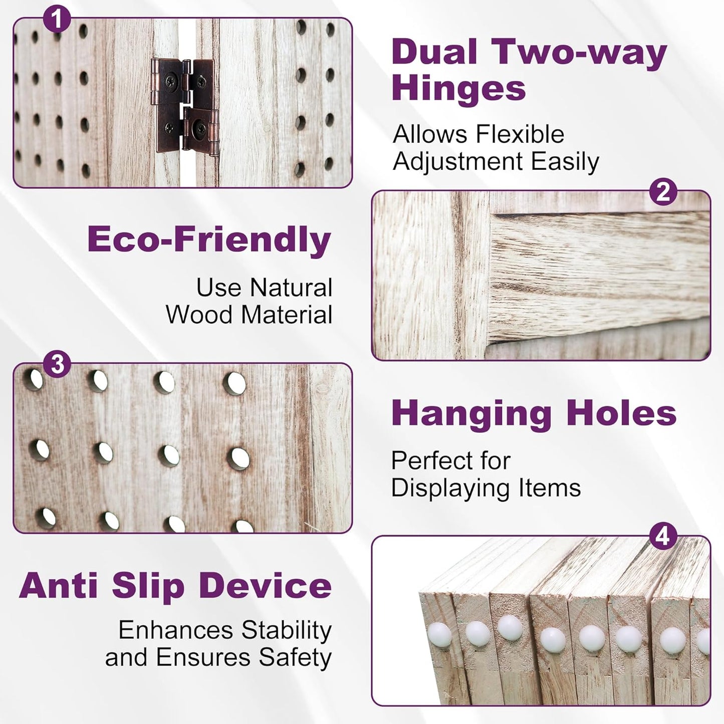 Room Divider, 5.6FT Folding Room Divider Panel, 8 Panel Pegboard Display Wood Partition Wall Divider for Room Separation& Craft Shows, Natural Wood