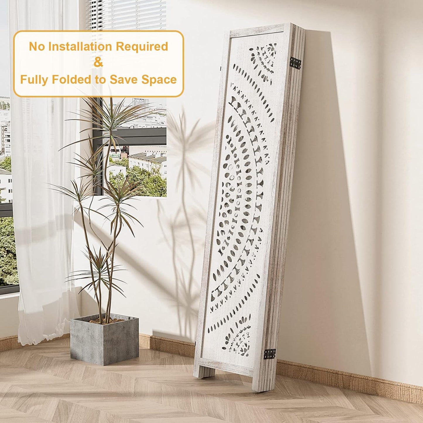 3 Panel Handcrafted Carved Room Divider Screen, 360° Adjustable Wood Folding Privacy Screens for Room Separation, 66.9 Inch Partition Room Dividers for Home Bedroom Office, White
