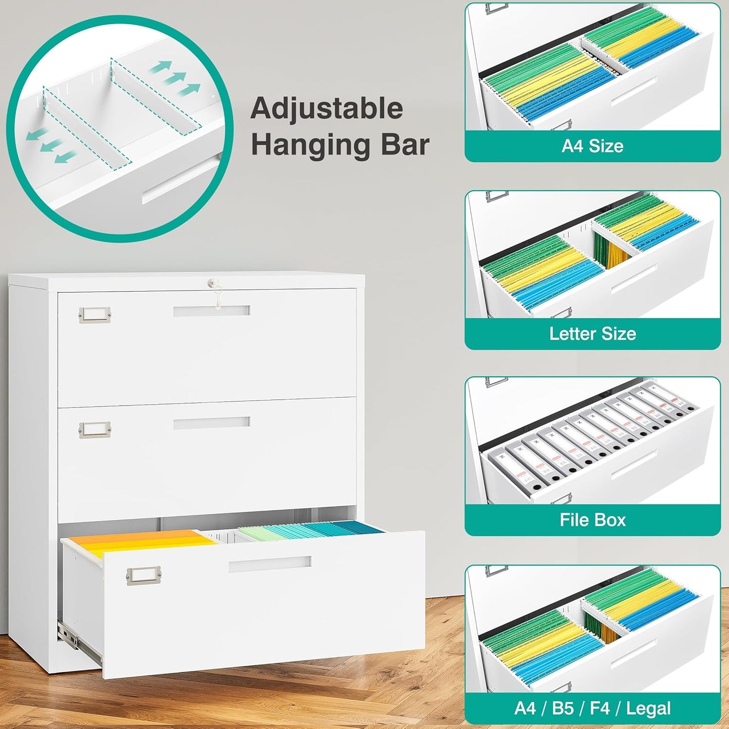 SISESOL 3 Drawer Lateral File Cabinet with Lock,White Lateral Filing Cabinet,Horizontal Metal Filing Cabinets,Locked Wide Three Drawer File Cabinets for Office Home,Fit A4/F4/Letter/Legal File