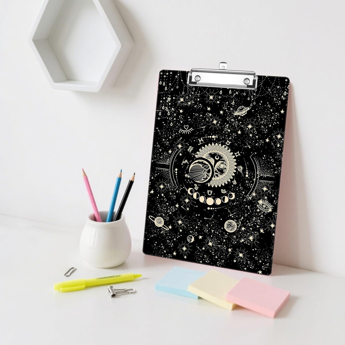 Golden Sun Moon Plastic Clipboards,Decorative Plastic Acrylic Clipboard for Teacher Social Worker Students Office Supplies 8 * 12