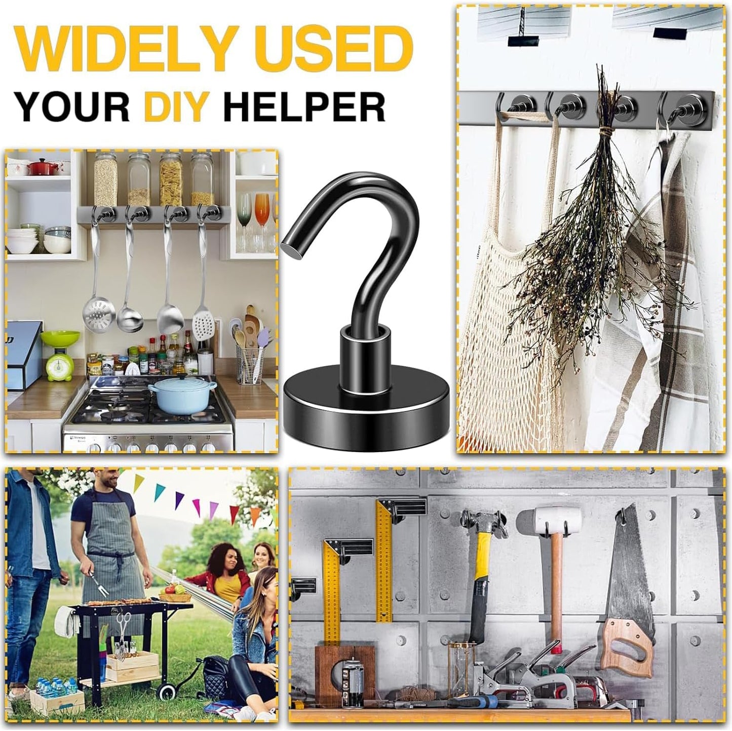 DIYMAG Black Magnetic Hooks, 80 LB Heavy Duty Strong Magnets with Hook, Rare Earth Neodymium Magnet for Cabins Cruise Ship Essentials 8 Packs