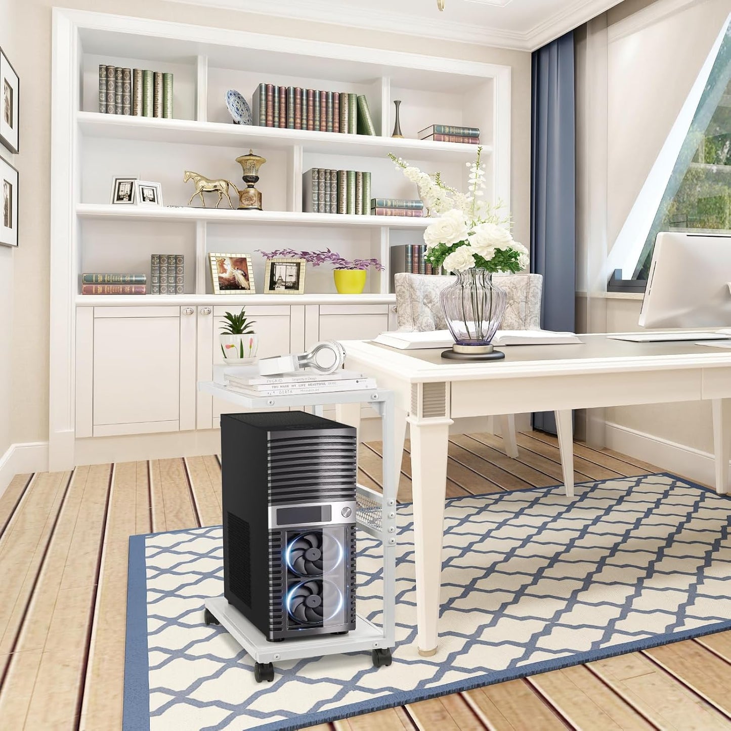 Liitrton PC Tower Stand 2-Tier CPU Stand with Locking Caster Wheels for Office & Home - Iron-White