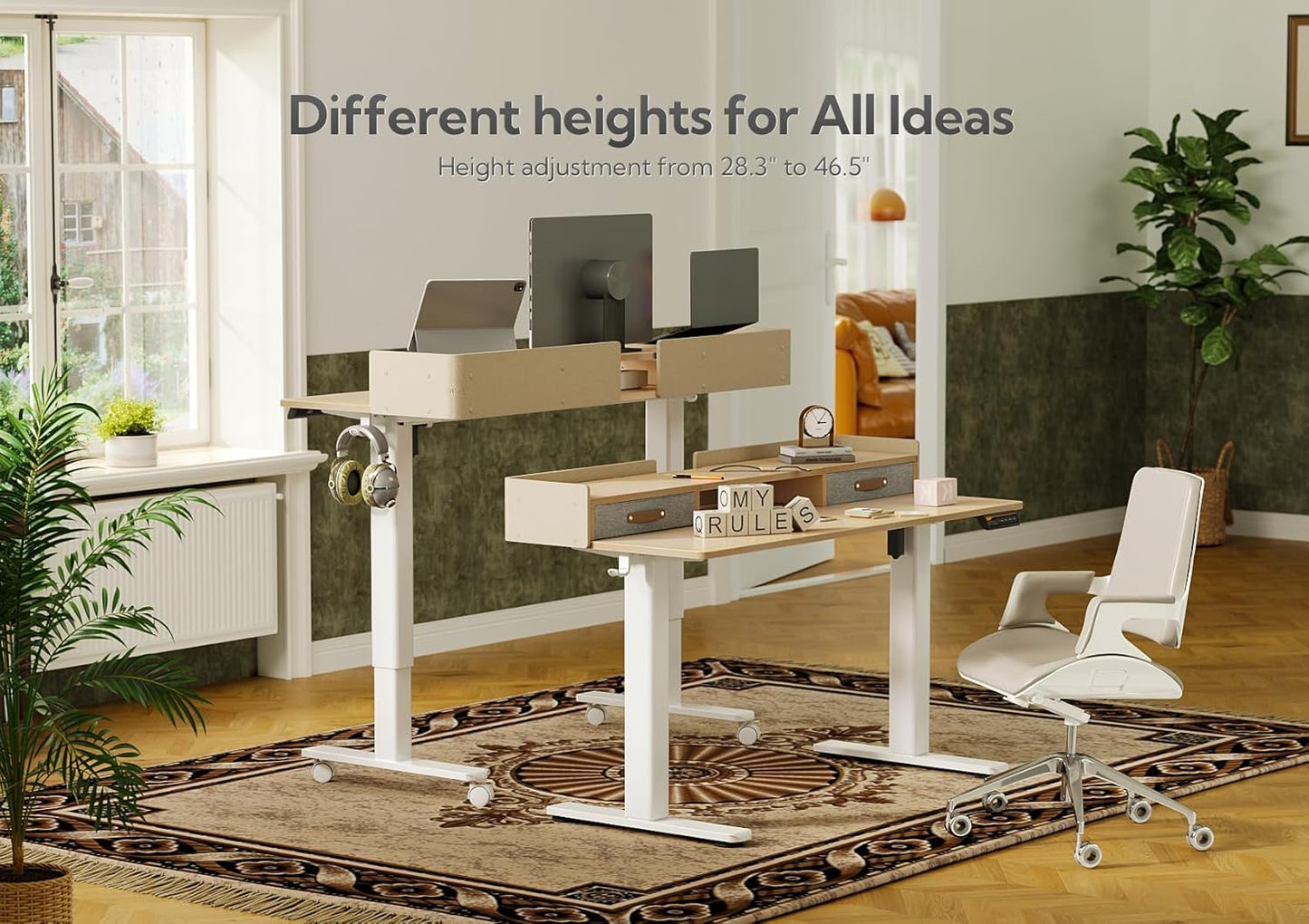 Claiks Standing Desk with Drawers, Adjustable Stand Up Electric Standing Desk Adjustable Height with Storage Shelf and Splice Board, 63 Inch, Natural