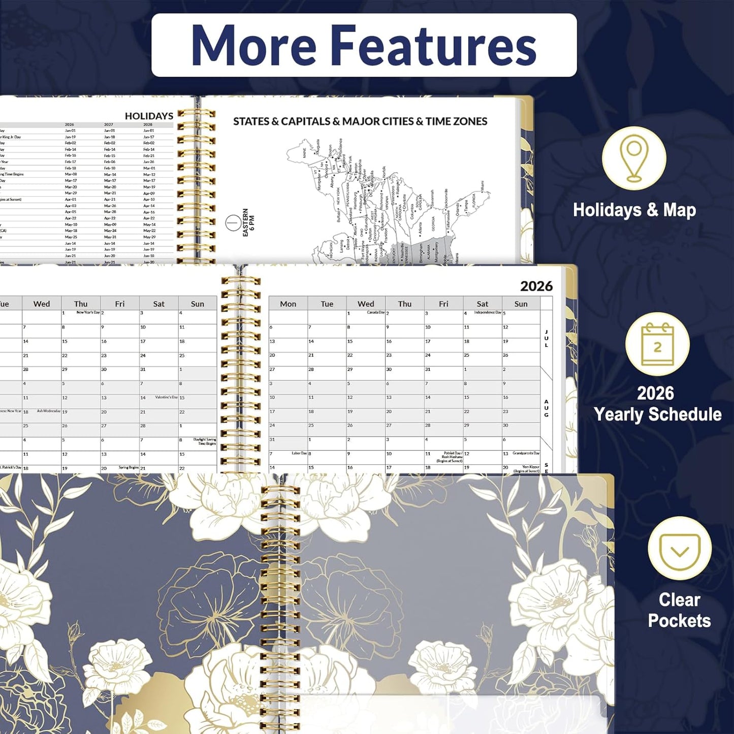 SUNEE 2026 Appointment Book, Quarter-Hourly, Weekly & Monthly - from January 2026 - December 2026, 8.5"x11" Weekly Planner, Flexible Cover, Note Pages, Pockets, Bookmark, Spiral Binding, Dark Blue