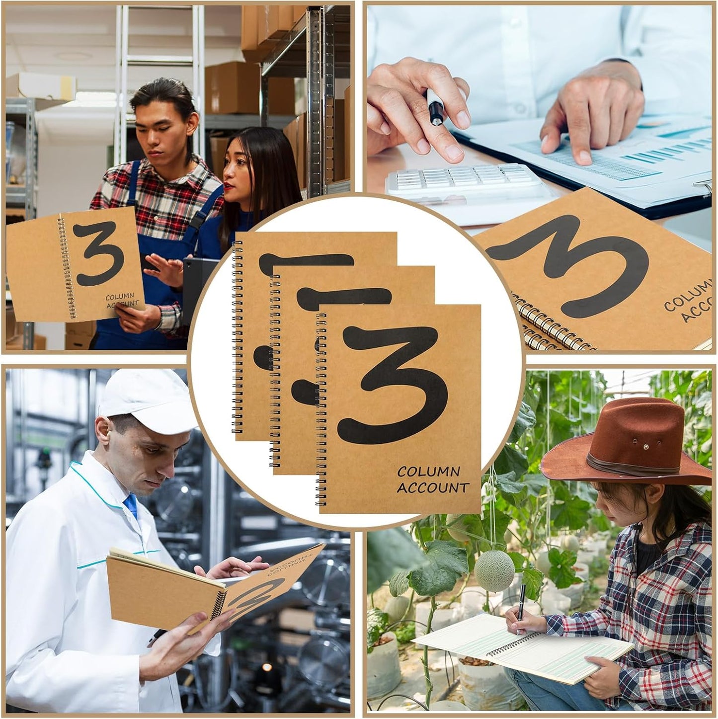 3 Pcs Accounting Ledger Book 3 Column 7 * 9.25inch Columnar Notebook Columnar Pad 3 Columns Kraft Paper Cover 100 Pages for Personal Use Small Business(50 Sheet)