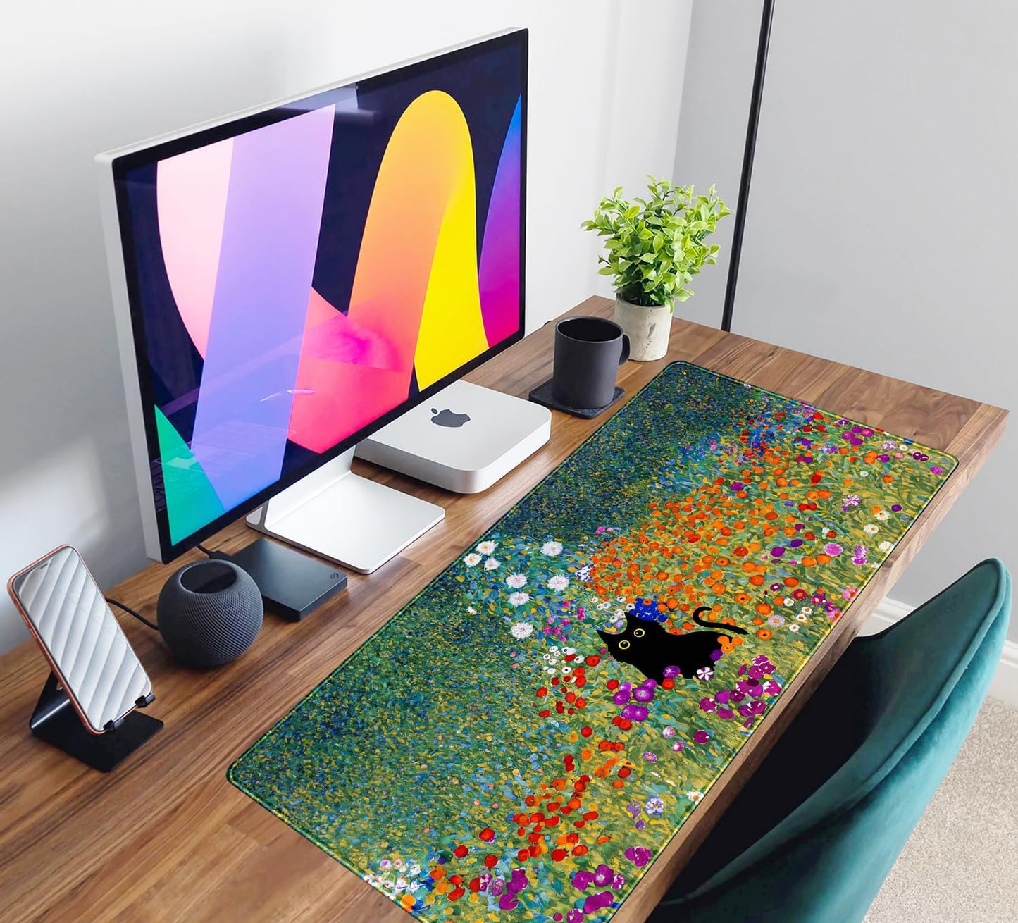 Desk Pad Cute Black Cat Oil Painting Art Floret Desk Mat Office Desk Decor Large Mouse Pad Gaming, XL Mousepad Women Office Desk Decor Laptop Keyboard Mouse Pads with Stitched Edges Mat 31.5x15.7 in