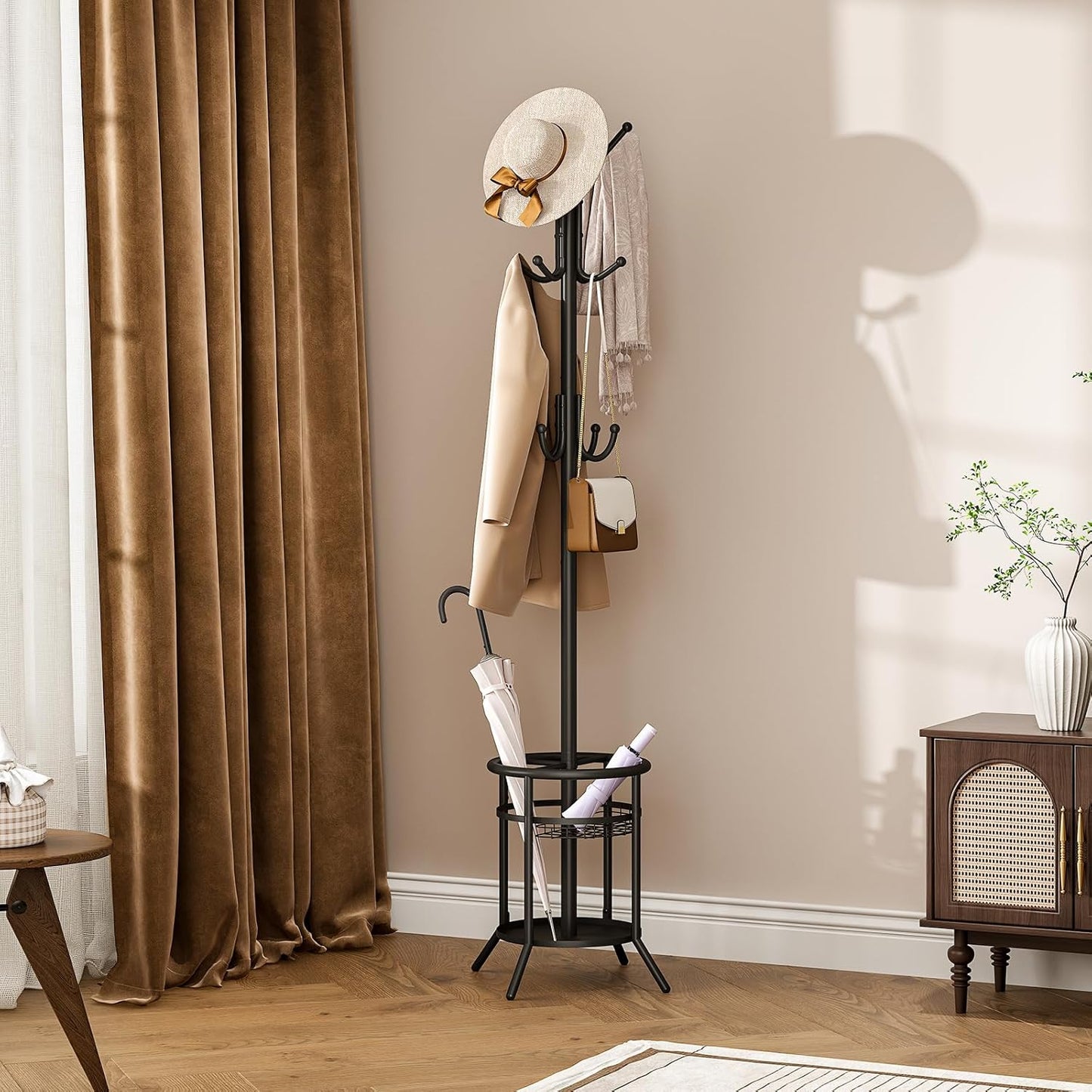 ELYKEN Coat Rack Freestanding, Metal Coat Rack Stand with Umbrella Holder, Modern Coat Tree with 12 Hooks, Floor Standing Corner Hall Tree for Entryway Living Room Bedroom Office, Black