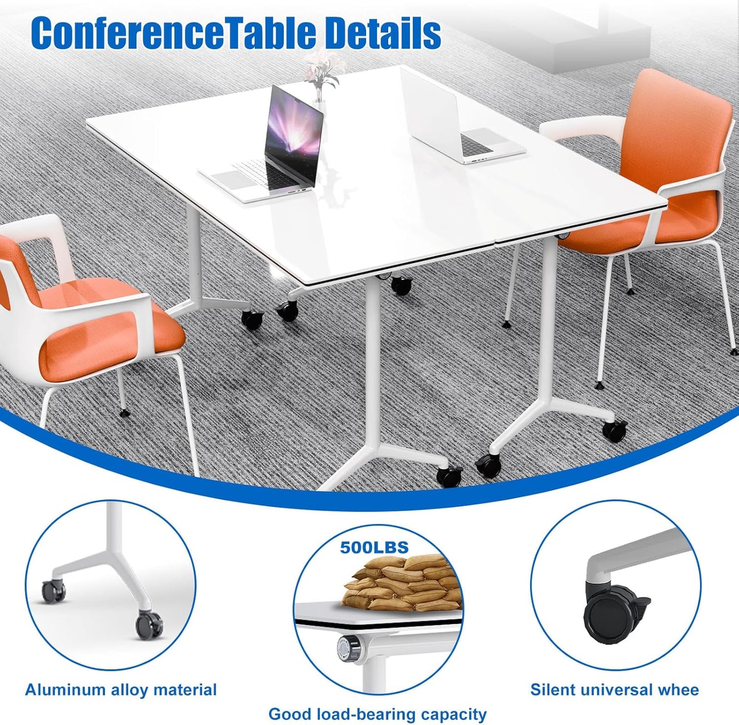 Conference Table, Folding Conference Desk Modern White, Seminar Table with Wheels, 2-10 People for Office, Meeting Break Room (2, 1915, 47IN)
