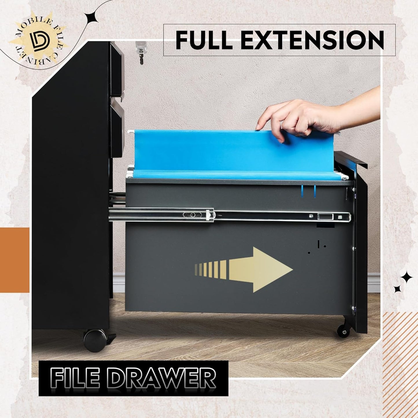 DEVAISE 3 Drawer Mobile File Cabinet Under Desk Office, Fully Assembled Except Casters, Letter/Legal Size, Black