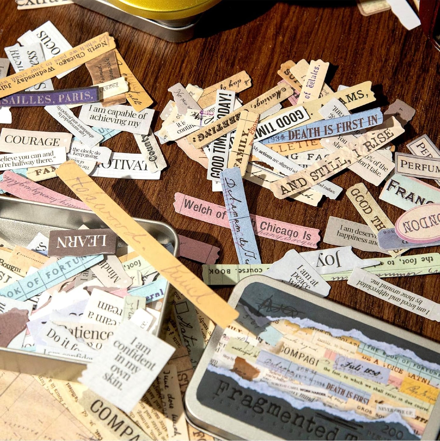 Vintage Fragmented Text Stickers, 400 PCS Washi Ephemera for Scrapbooking, Journaling, Crafting, DIY Projects, Diaries, and Art Supplies - 2 Iron Boxes Included