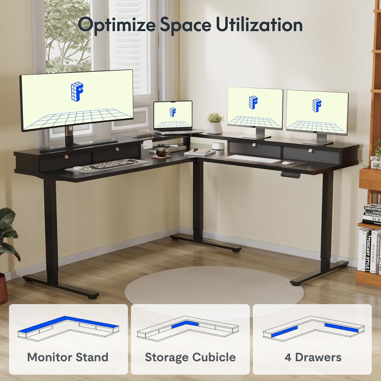 FLEXISPOT 71" Large L Shaped Standing Desk Electric Corner Table with Shelf, 4 Storage Drawers, Adjustable Computer Workstation for Home, Office, Game, Studio, Black Top + Black Frame