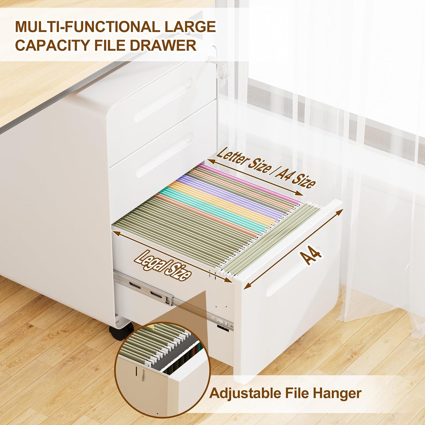 3 Drawer File Cabinet with Lock and 4 Keys, Mobile Metal Filing Cabinet, File Cabinets for Home Office, Under Desk, Pre-Assembly, File Drawer, Letter/Legal/A4 Hanging File Folders