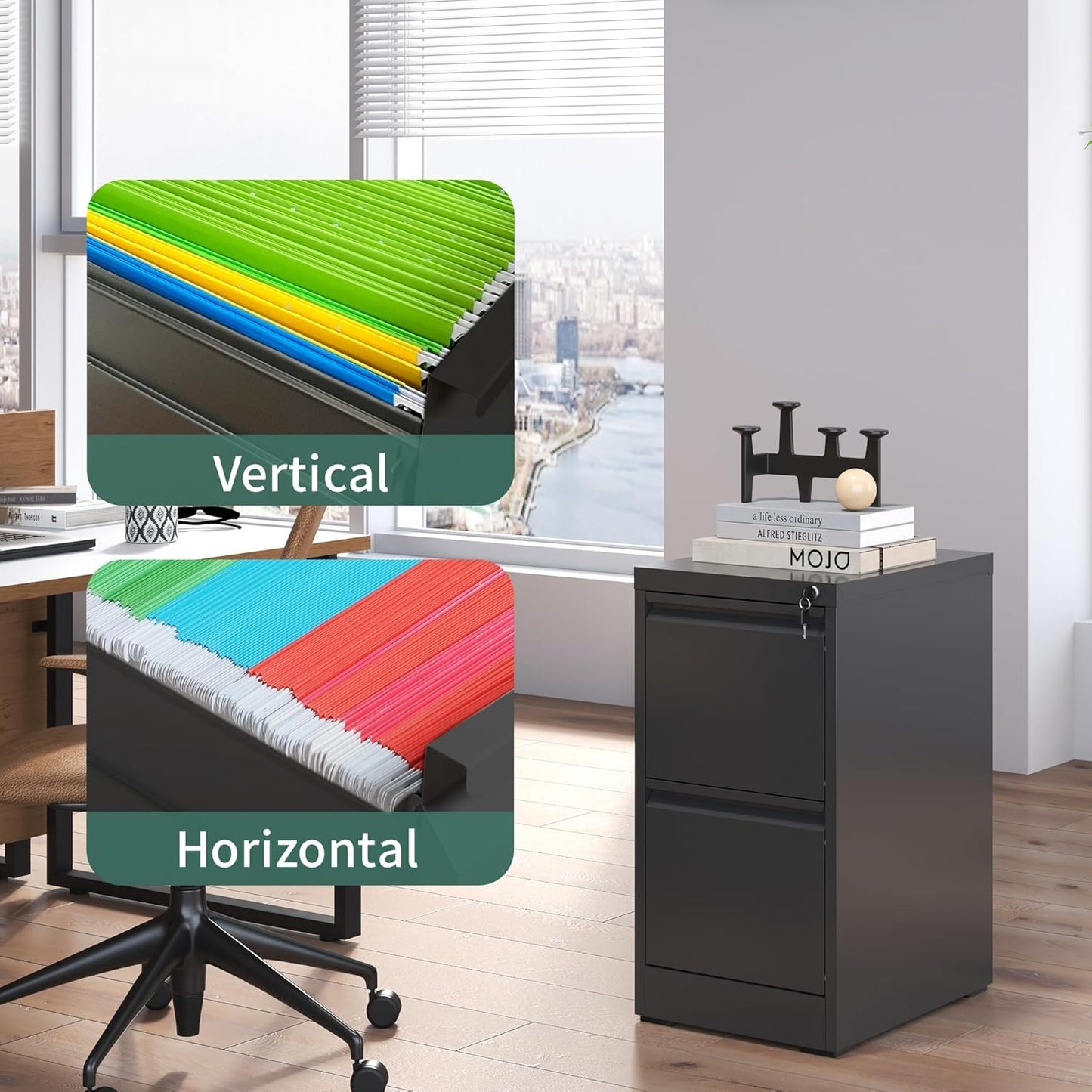 2 Drawer File Cabinet with Lock, Steel Vertical Filing Cabinets for Home Office, Small Metal Storage Cabinet for Hanging Legal/Letter Size Files, Assembly Required (Black)