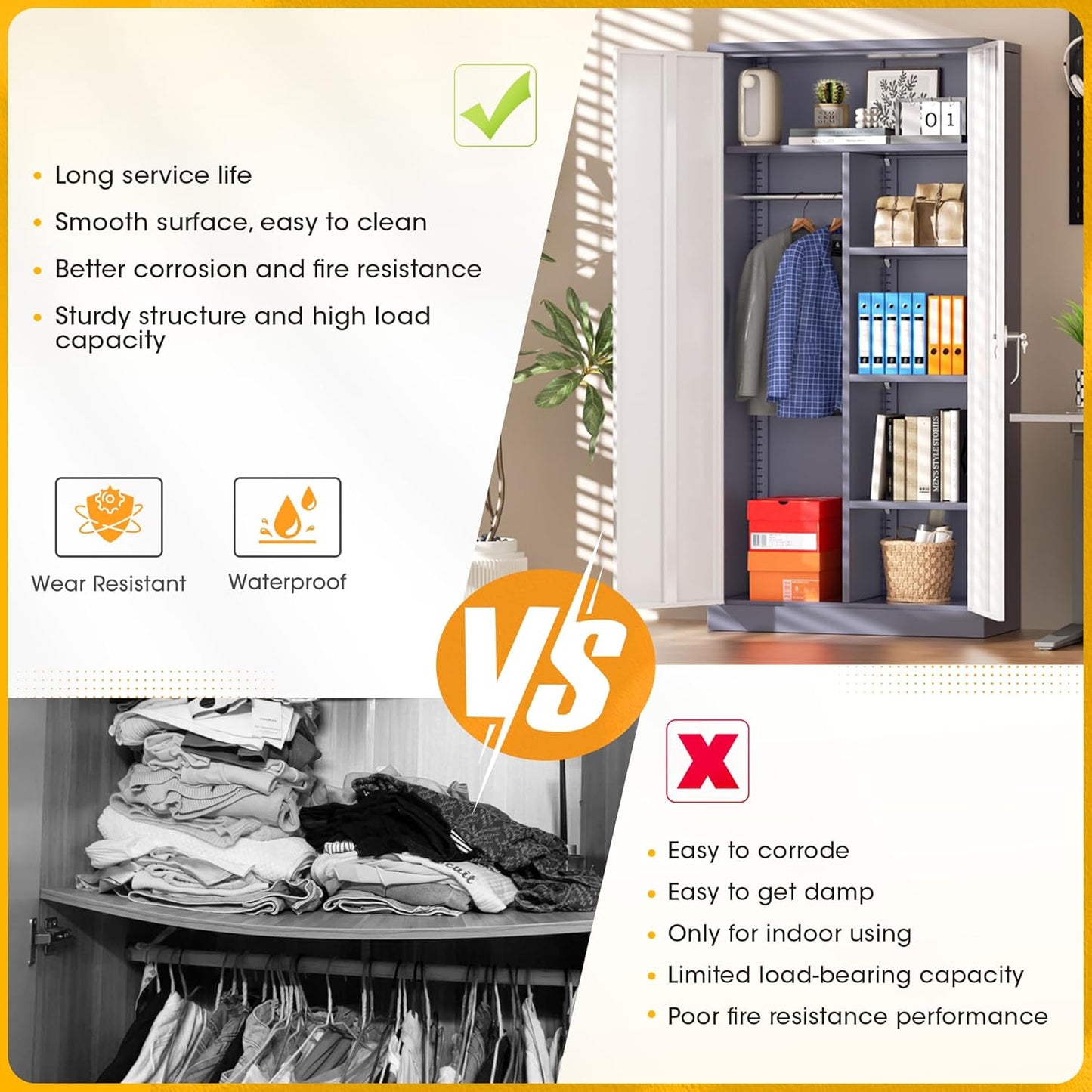 Greenvelly Metal Storage Wardrobe Cabinet with Lock, 72" White Grey Metal Wardrobe Closet for Hanging Clothes with Doors and Shelves, Modern Clothes Closet for Home, Office and Bedroom, School,Gym