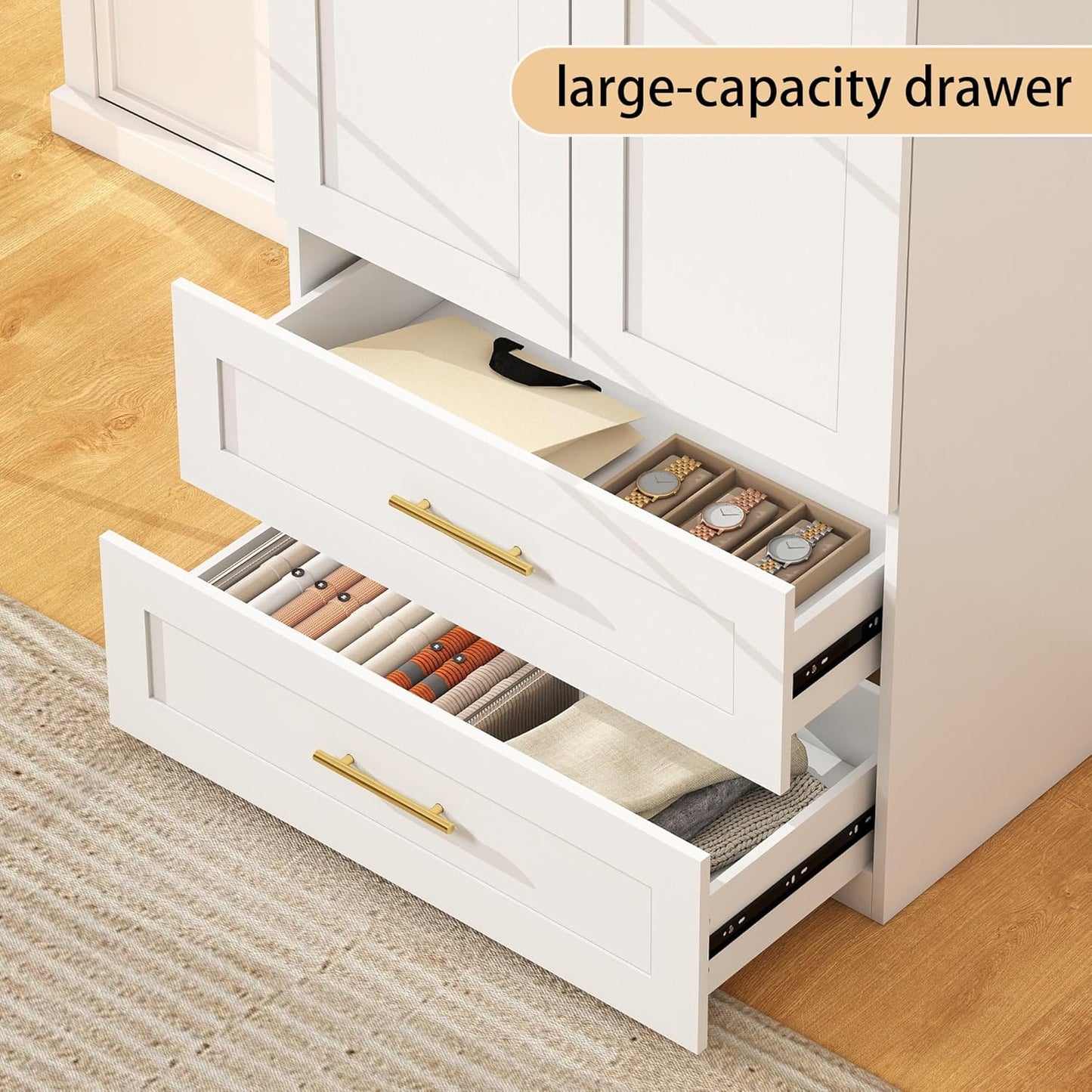 White Wardrobe with 2 Doors: 75" Tall Armoire Wardrobe Closet with 2 Drawers, Bedroom Closet Cabinet for Hanging Clothes, Wooden Storage Armoire with Shelves (Contemporary, 1)