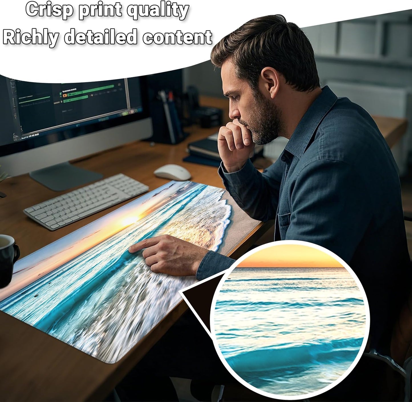 Mouse Pad with Beach View – Sunrise Scenery Desk Pad – Portable Computer Mousepad – Gaming, Office, Waterproof, Non-Slip, Stitched Edges 31.5 x 11.8inches x 3mm