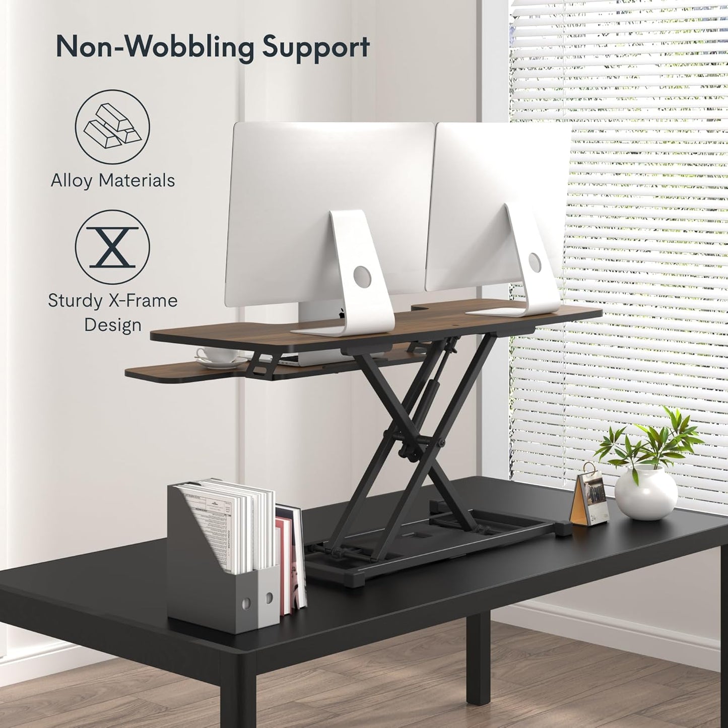 FLXISPOT 42" Standing Desk Converter Sit to Stand up Riser Height Adjustable Monitor and Laptop Workstation with Spacious 2-Tier Desktop, Walnut Color