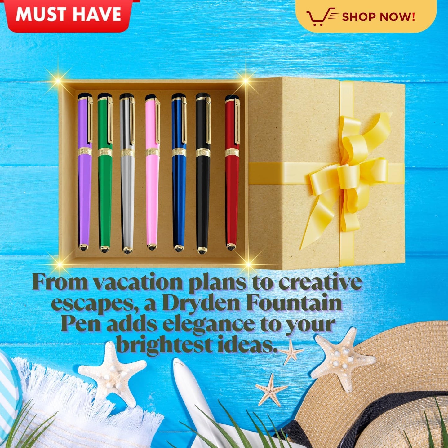 Dryden Designs Fountain Pen Medium Nib, Pearl White, Left and Right Handed, Includes 24 Ink Cartridges - 12 Black and 12 Blue