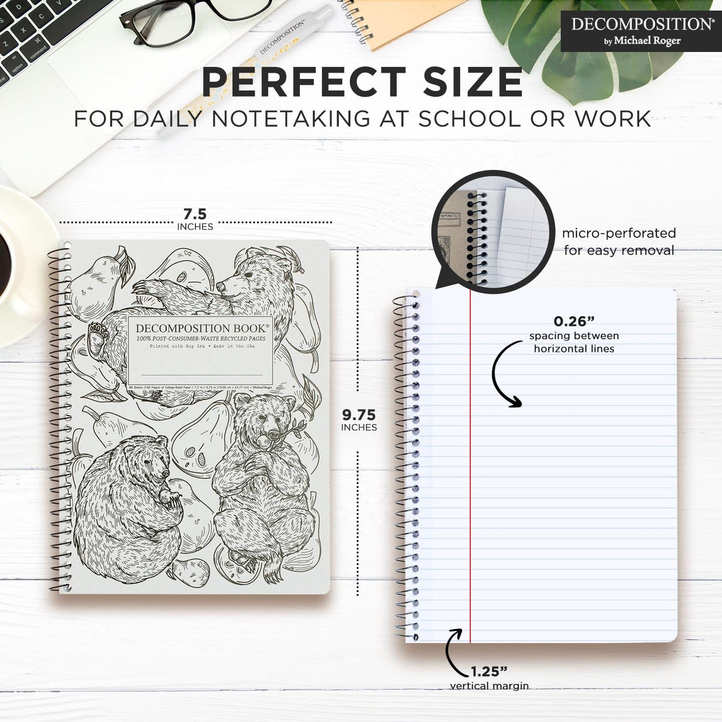 Decomposition Pear Bears College Ruled Spiral Notebooks – 9.75 x 7.5 Journal with 160 Lined Pages – Notebooks for School Supplies, Home & Office – 100% Recycled Paper – Made in USA