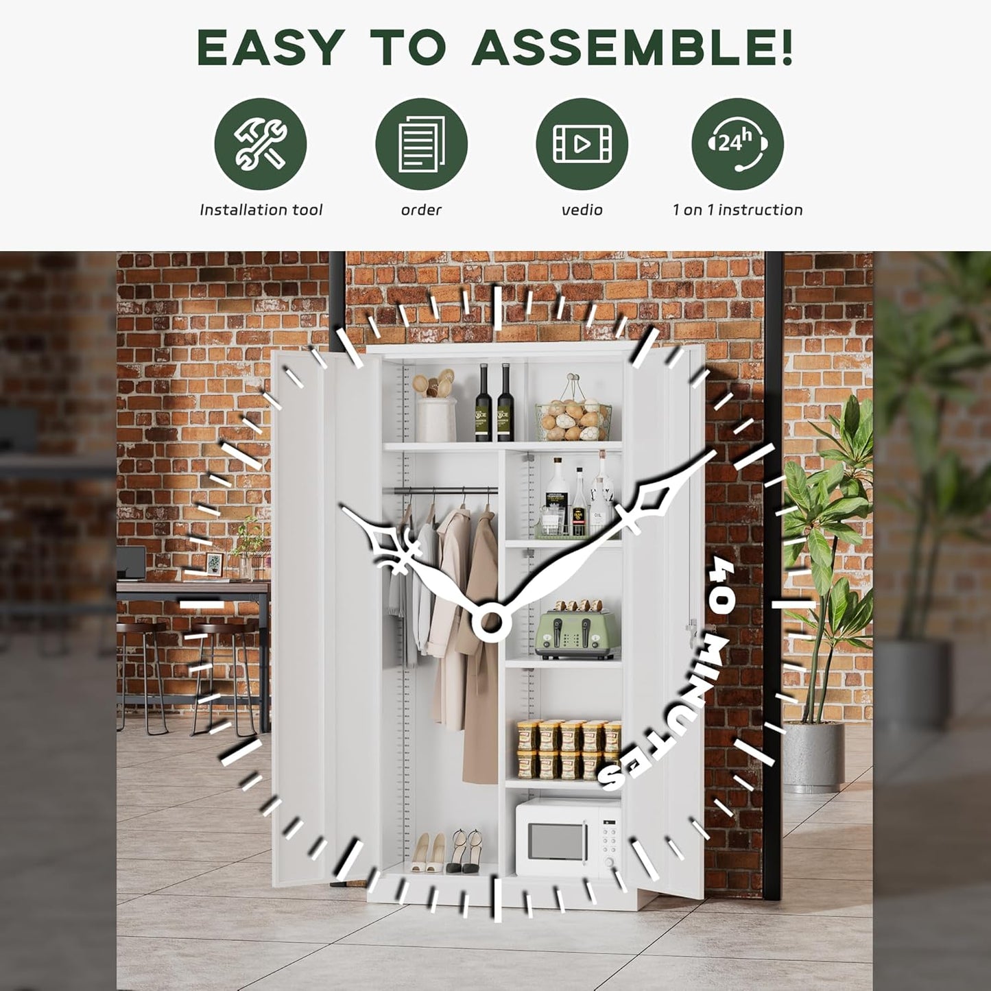 Greenvelly Metal Wardrobe Cabinet with Locking Doors, 72"H White Metal Wardrobe Closet with Hanging Rods and Adjustable Shelves, Clothing Storage Closet for Home, Office, Employee, Gym (16" D x 32" W)