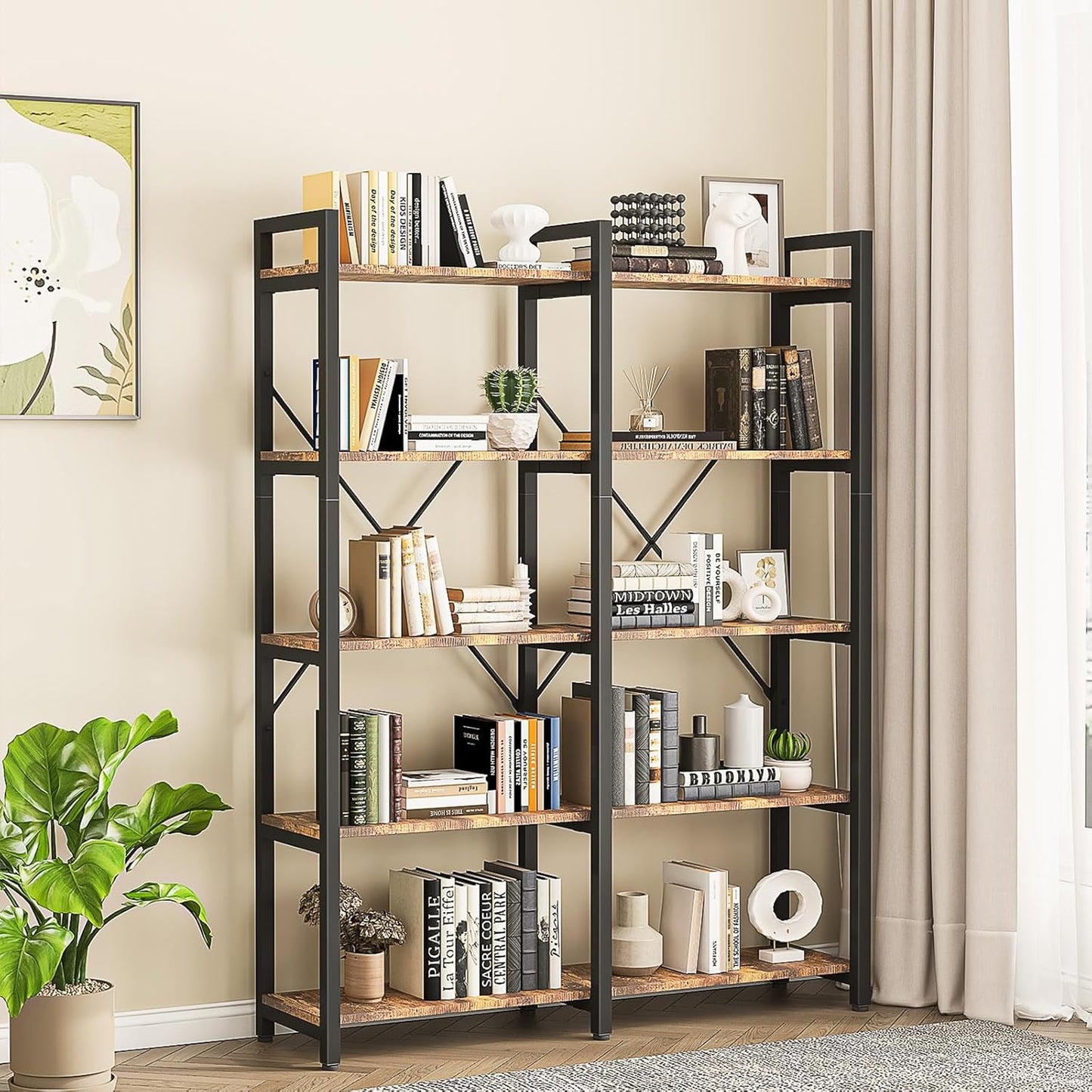 oneinmil Bookshelf 5 Tier, 58.7'' Industrial Book Shelf, Wooden Bookshelves with 10 Open Display Shelves, Vintage Storage Rack, Standing Wide Bookcase for Home and Office, Rustic Brown