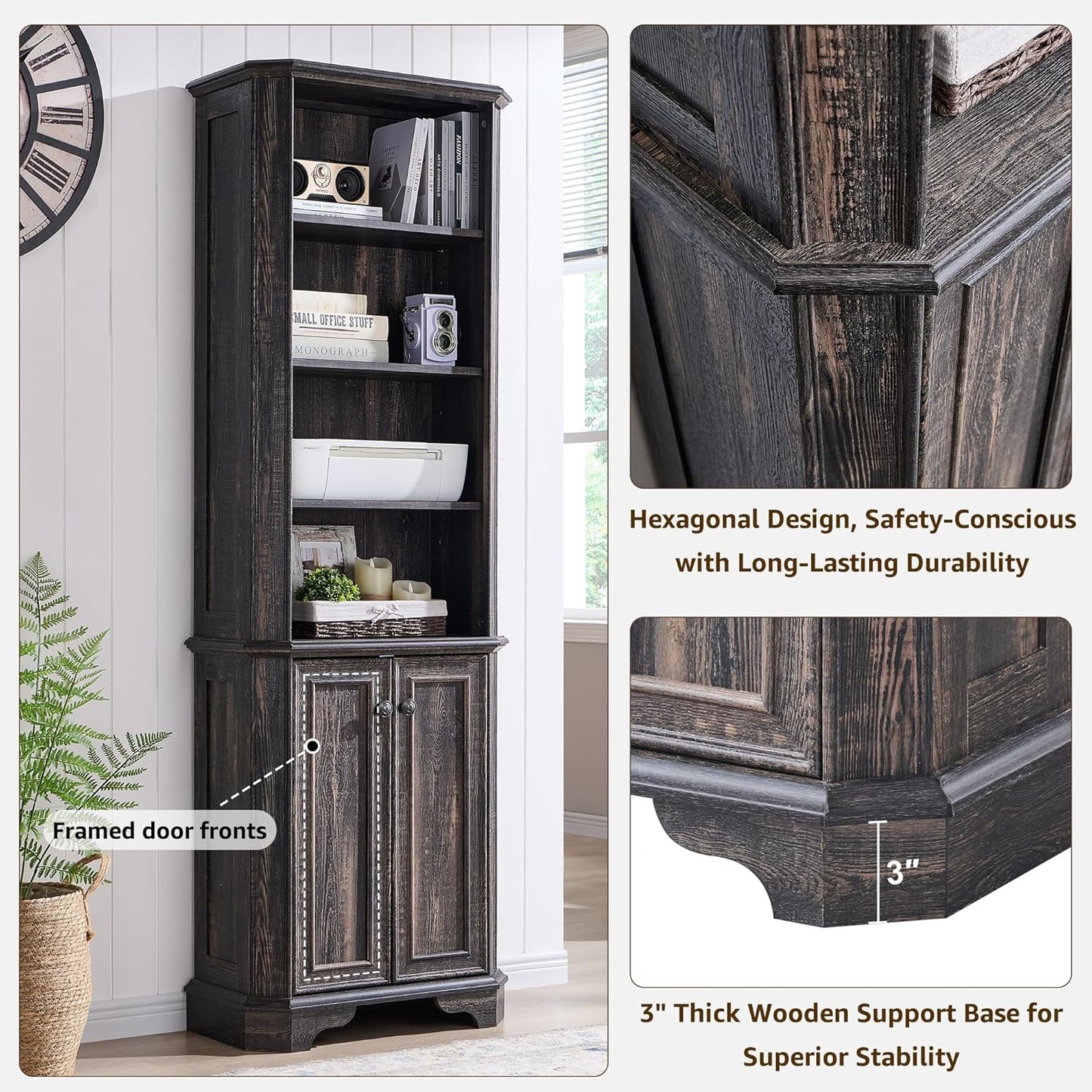 T4TREAM 6-Tier Bookshelf with Storage, 72" Tall Farmhouse Bookcase with Doors and Adjustable Shelves, Wooden Floor Standing Display Book Shelf Organizer for Home Office, Dark Rustic Oak