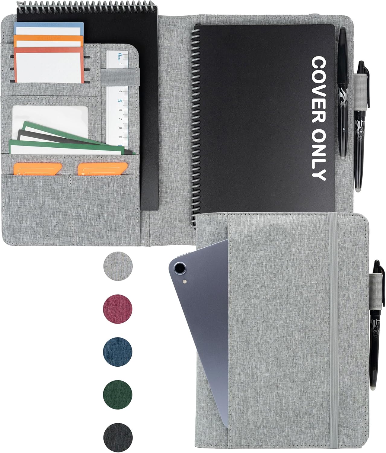 Sturdy Planner Cover for Rocketbook Smart Notebook - Water-Resistant Fabric Padfolio, Business Padfolio with Firm Writing Surface, Fits Executive Size A5, Rocketbook Accessories (Gray)