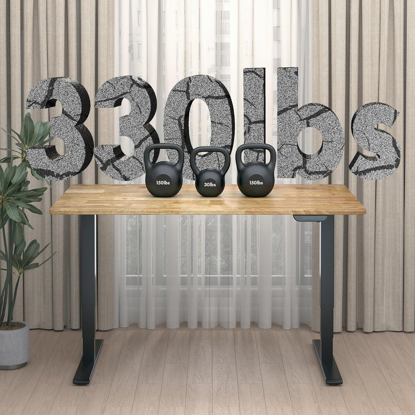 FLEXISPOT E6 MAX Rubber Wood Dual Motor 3 Stages Standing Desk 55x24 Inch Whole-Piece Board Electric Height Adjustable Stand Up Desk 150KG Load Capacity(Black Frame + Rubber Wood Desktop)