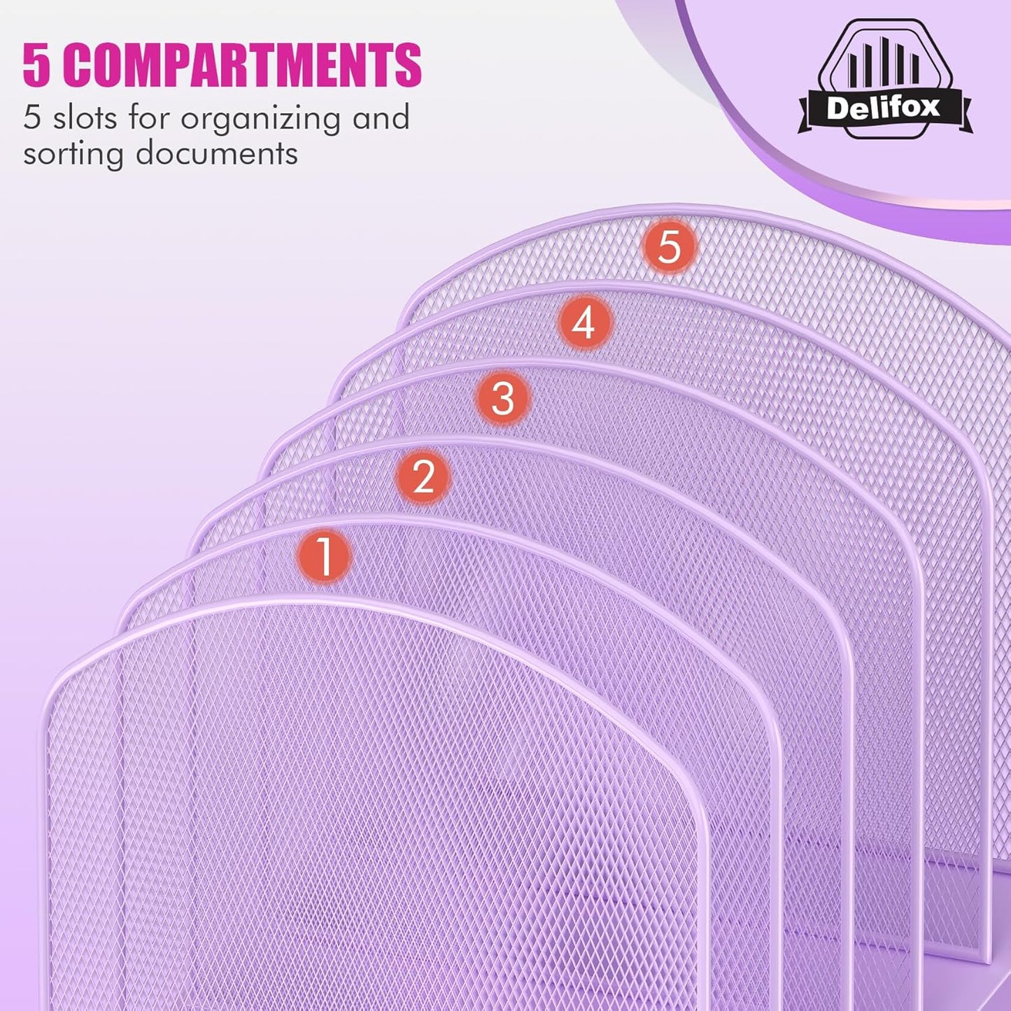 Inclined Desk File Organizer, 5-Section Vertical File Folder Holder Stand Metal Rack File Sorter for Office Classroom Desktop Organization (Purple, 1Pack)