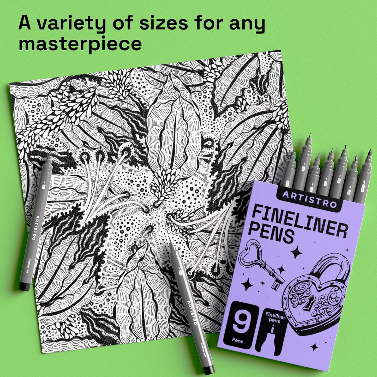ARTISTRO Set of 9 Fineliner Pens - Black Micro Pens with Ultra Fine Tips for Drawing, Sketching, Writing, Journaling and Technical Illustration - Waterproof Archival Ink