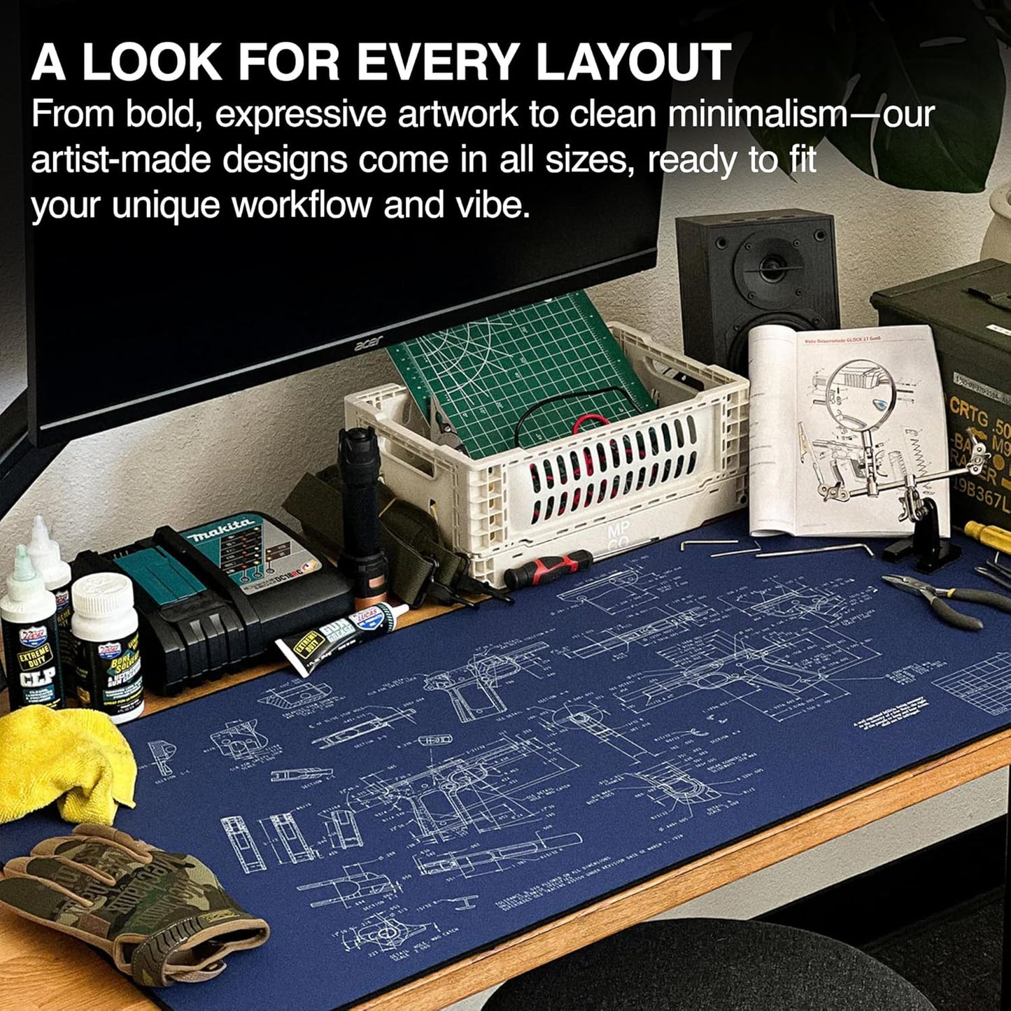 MPCO. Blueprints Large Gaming Desk Pad - 36" x 17" Aeroglyde Fabric Browning 1911 – Black Desk Mats - Non-Slip, Washable, Smooth Glide for Precision Gaming & Work