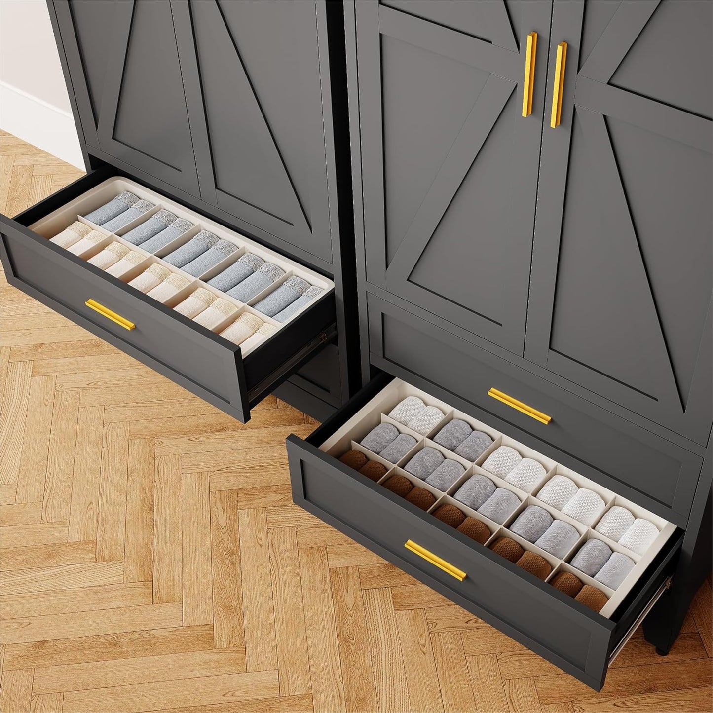 71'' Farmhouse Metal Wardrobe Cabinet with Hanging Rod, 2 Barn Door Wardrobe Closet with Adjustable Shelves,2 Drawer,for Dining Room,Bedroom,Living Room, Cloak Room,Office (Black)