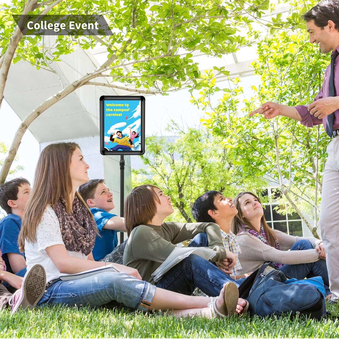 Sign Holder Stand 8.5 x 11, With 3-Prong-Base & Round Base, Poster Stand Aluminum Snap Open Frame for A4 Size Outdoor Indoor Sign Stand, Height Adjustable-Black