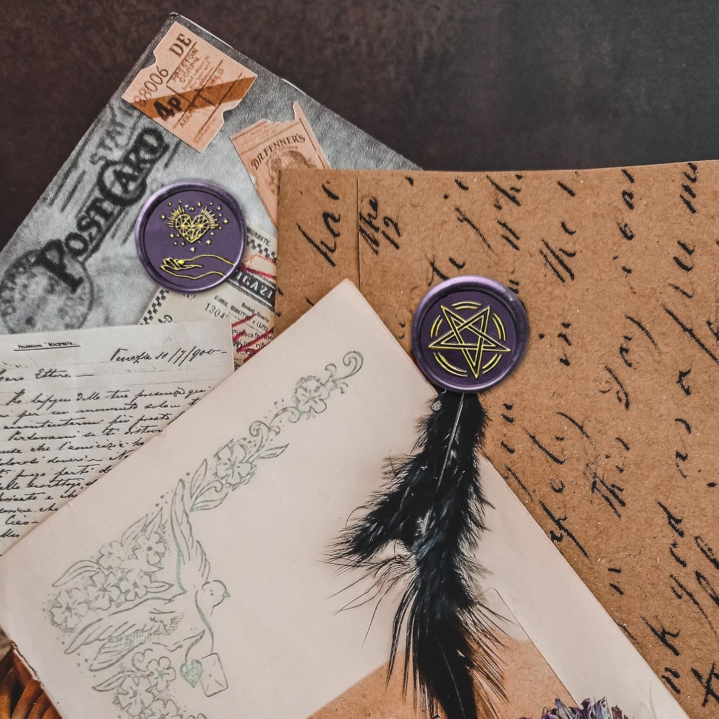 Yoption Wax Seal Stamp Gift Box Set, 6 Pieces Wiccan Copper Sealing Wax Stamp Heads + 1 Wooden Hilt for Invitations Letter Cards Envelopes Witchcraft