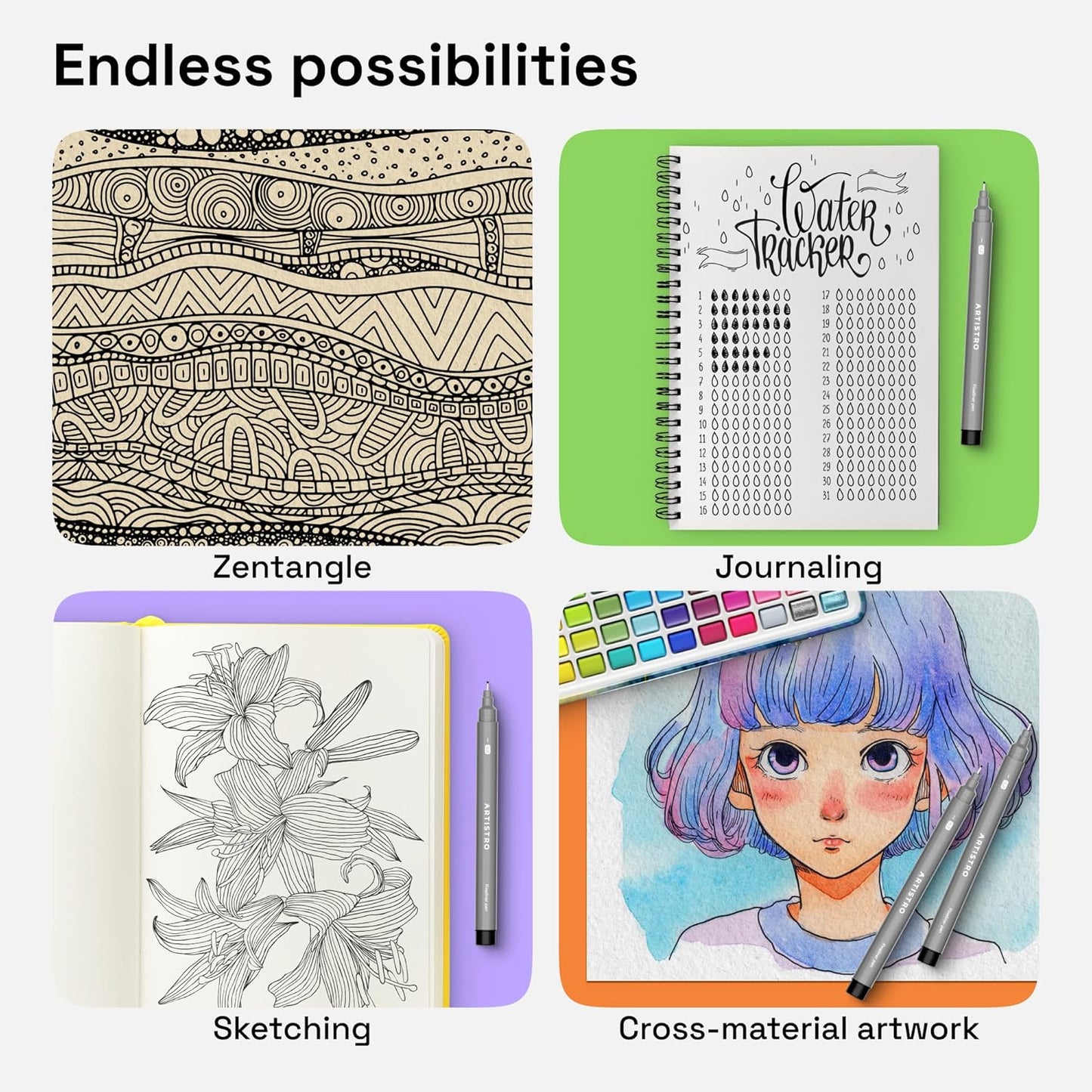 ARTISTRO Set of 2 Fineliner Pens, Black Micro Pens for Drawing, Waterproof Archival Ink, Ultra Fine Tip Pen for Illustration, Technical Pen, Sketching, Writing, Drawing, Journaling, Pair of Fine Tip