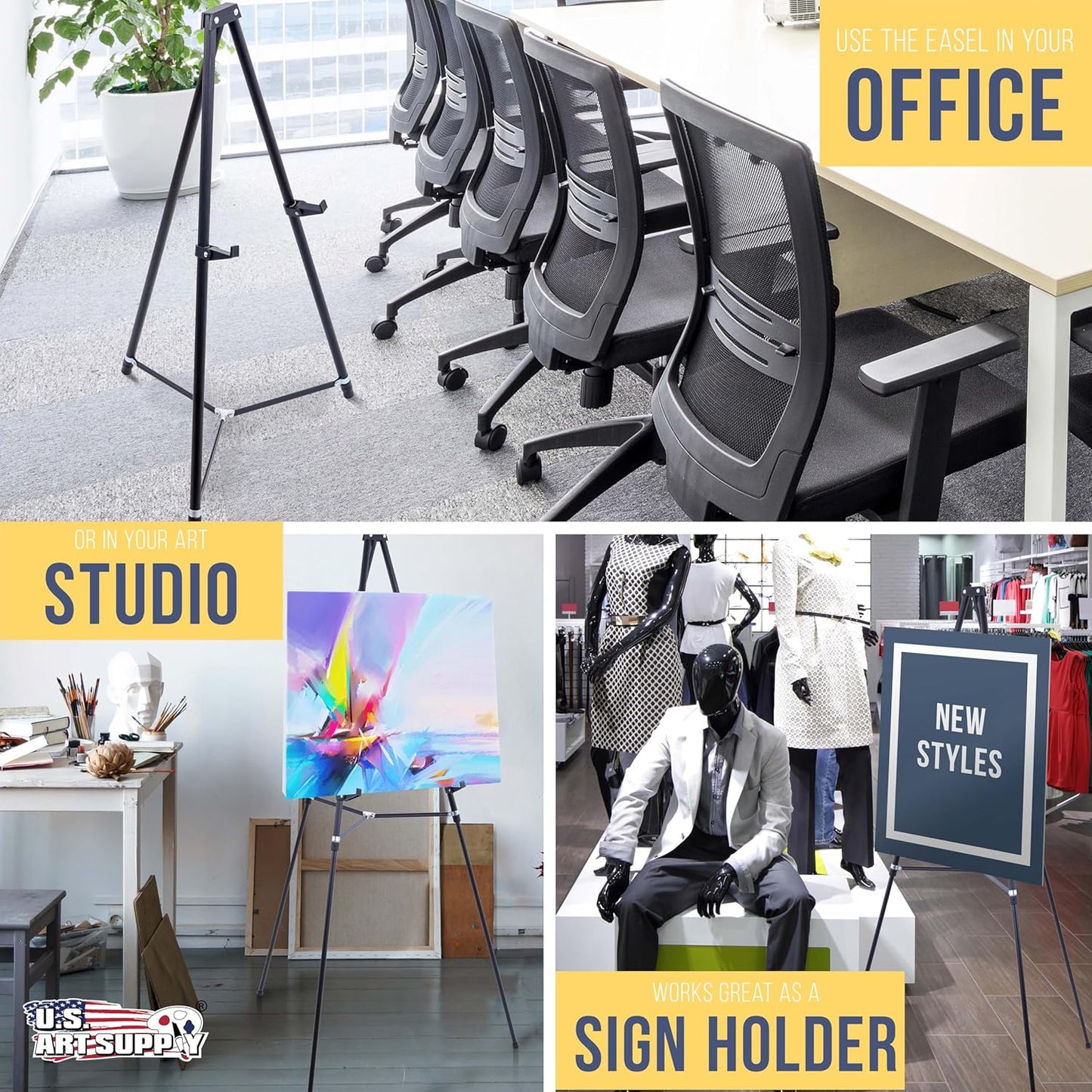 U.S. Art Supply 66" High Black Metal Display Art Easel (10 Pack) - Large Adjustable Height Portable Easel Stand, Sign Display, Holds 25 lbs - Floor & Tabletop Easels, Sign Stand