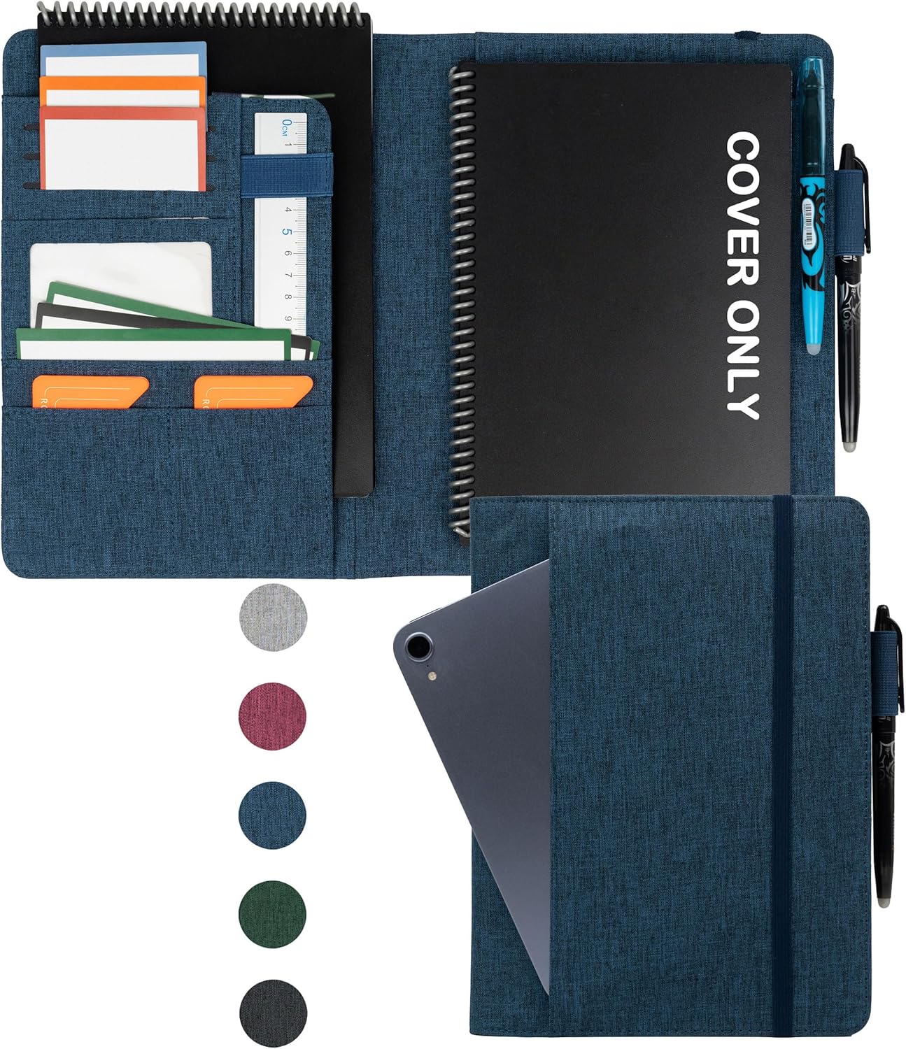 Sturdy Planner Cover for Rocketbook Smart Notebook - Water-Resistant Fabric Padfolio, Business Padfolio with Firm Writing Surface, Fits Executive Size A5, Rocketbook Accessories (Blue)