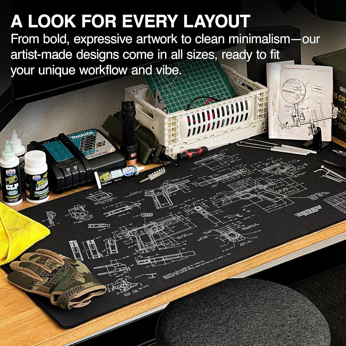 MPCO. Blueprints Large Gaming Desk Pad - 36" x 17" Aeroglyde Fabric Browning 1911 – Black Desk Mats - Non-Slip, Washable, Smooth Glide for Precision Gaming & Work