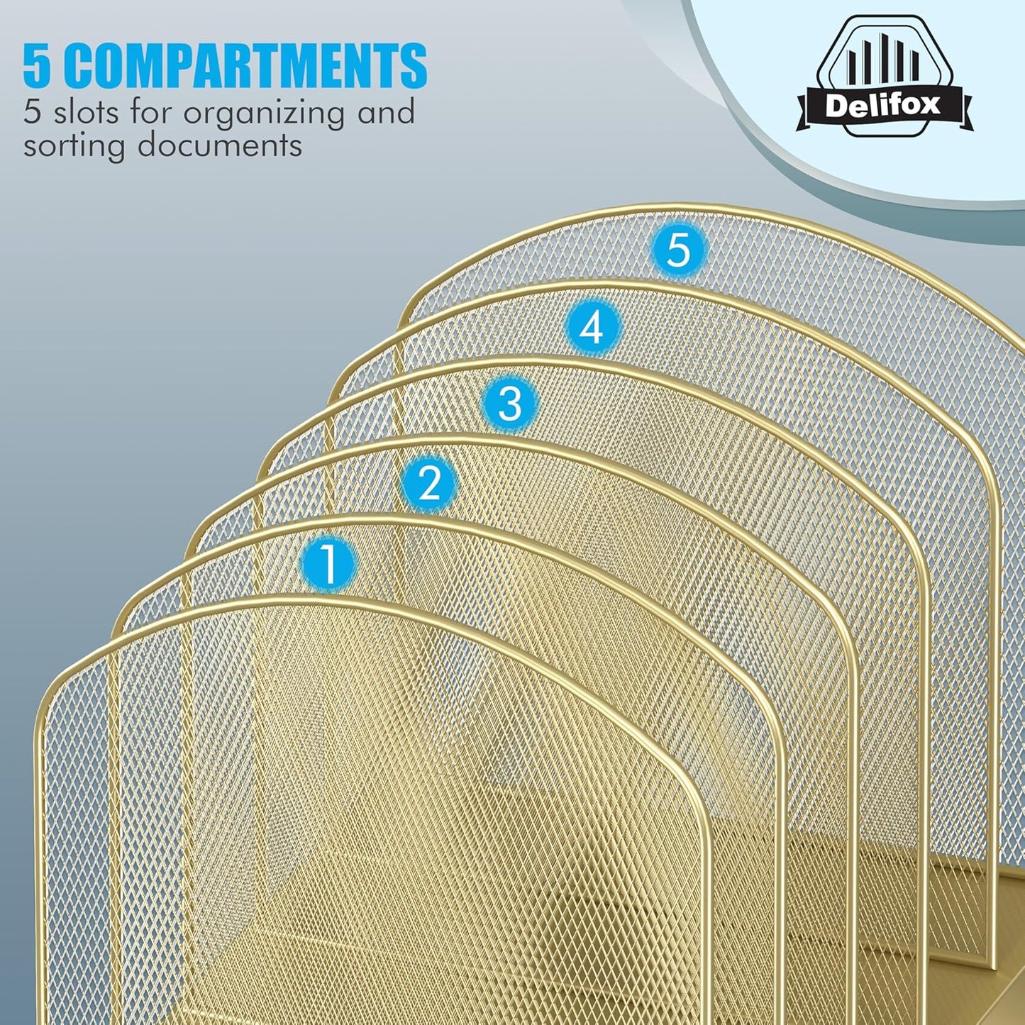 Inclined Desk File Organizer, 5-Section Vertical File Folder Holder Stand Metal Rack File Sorter for Office Classroom Desktop Organization (Gold, 1Pack)