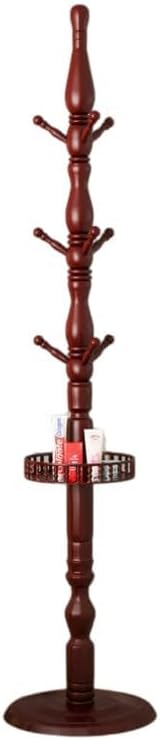 Coat Rack, Birch Wooden Hall Tree Coat Rack Free Standing with 9 Hooks, Wooden Round Base，Coat Tree for Home/Office/Entryway/Hallway （Dark Red ）