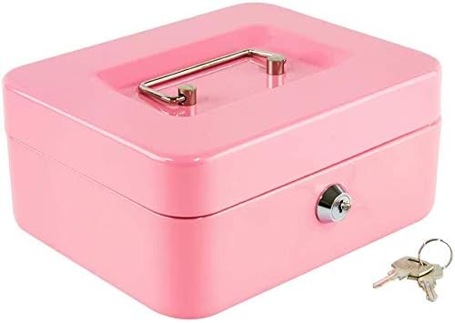 xydled Locking Steel Medium Cash Box with Removable Coin Tray and Key Lock,7.87"x 6.30"x 3.54",Pink