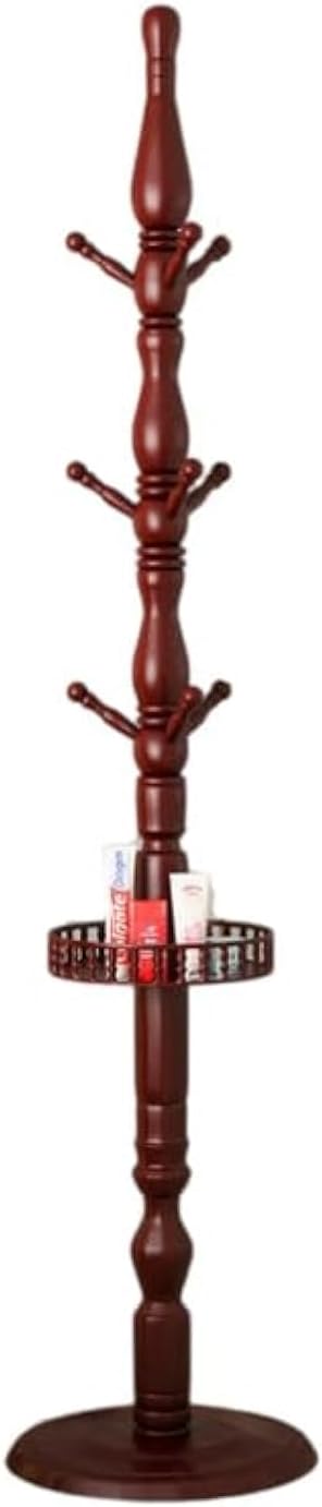 Coat Rack, Birch Wooden Hall Tree Coat Rack Free Standing with 9 Hooks, Wooden Round Base，Coat Tree for Home/Office/Entryway/Hallway （Dark Red ）